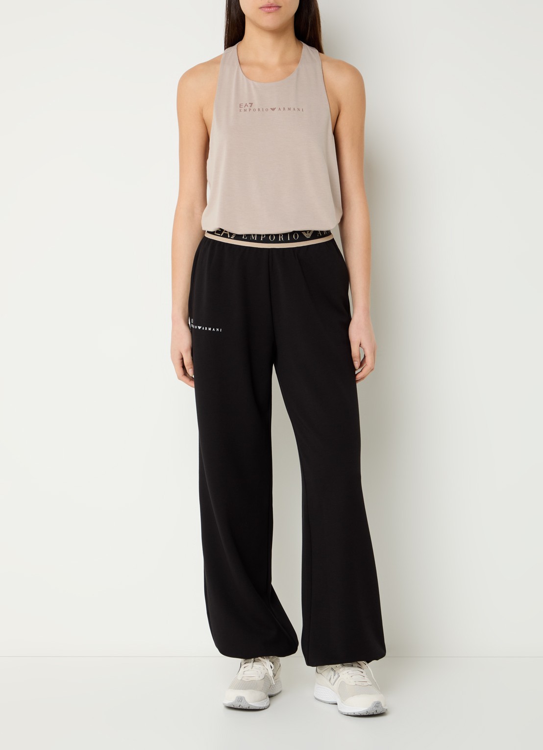 Armani High waist wide fit broek met logoband en steekzakken - voorkant 3 zwart