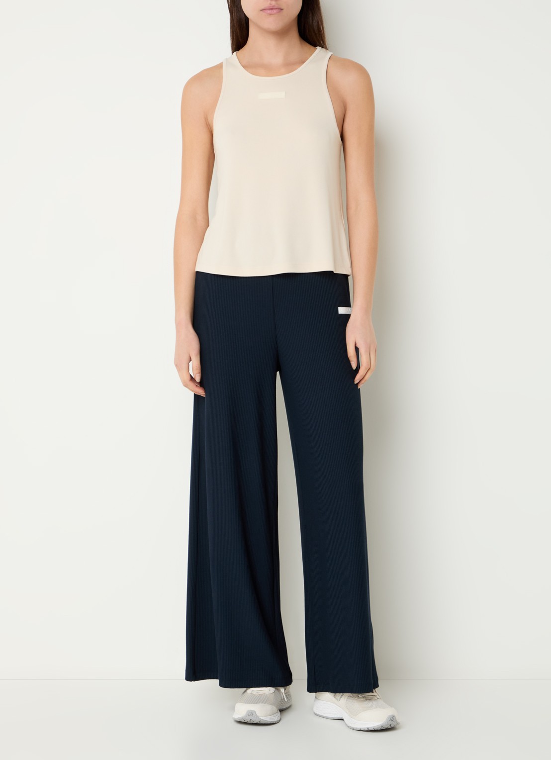 Armani High waist wide fit broek met ribstructuur en logo - voorkant 2 donkerblauw