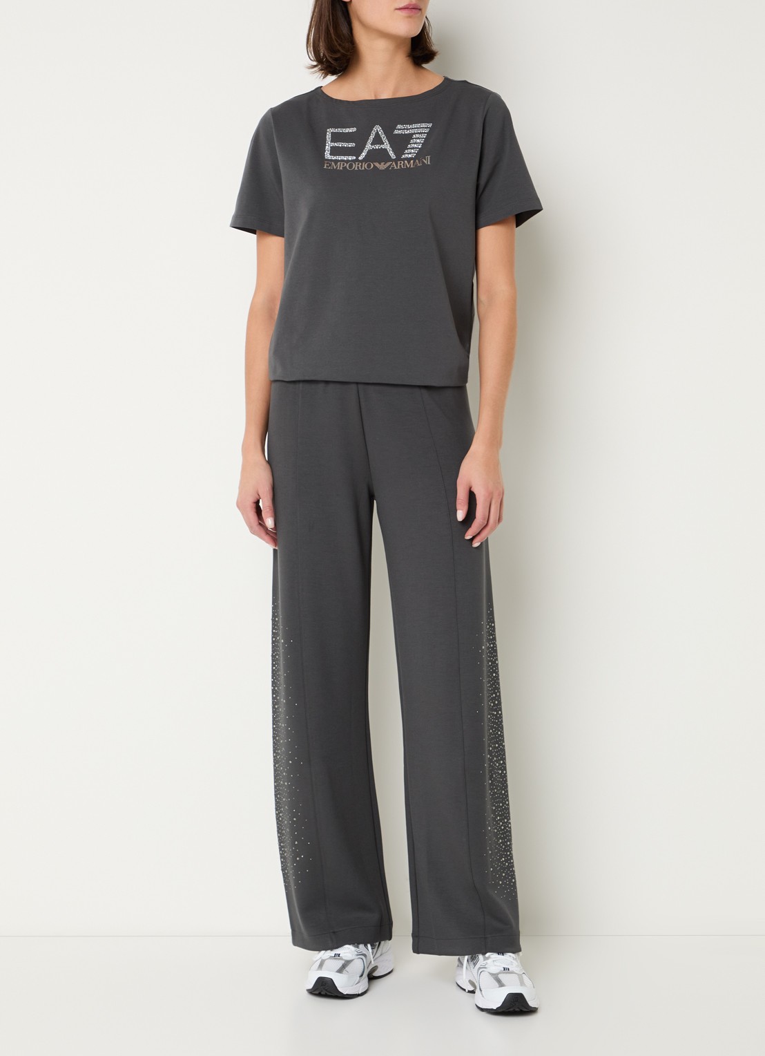 Armani High waist wide fit joggingbroek met strass - voorkant 4 donkergrijs