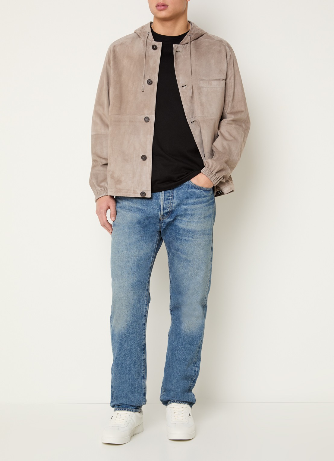 Armani Jack van geitenleer met capuchon en borstzak - voorkant 3 donkerbeige
