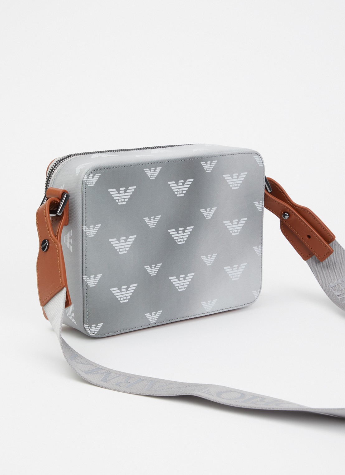 Armani Mini all-over eagle schoudertas van canvas met logo  - achterkant grijs