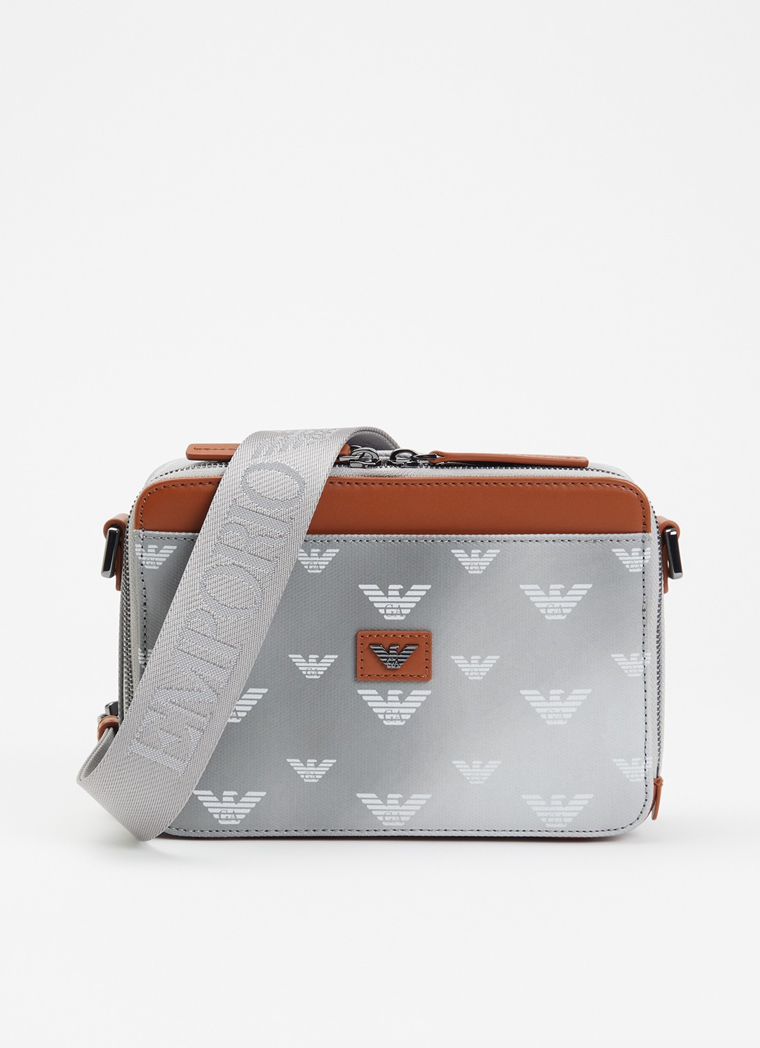 Armani Mini all-over eagle schoudertas van canvas met logo  - voorkant 2 grijs