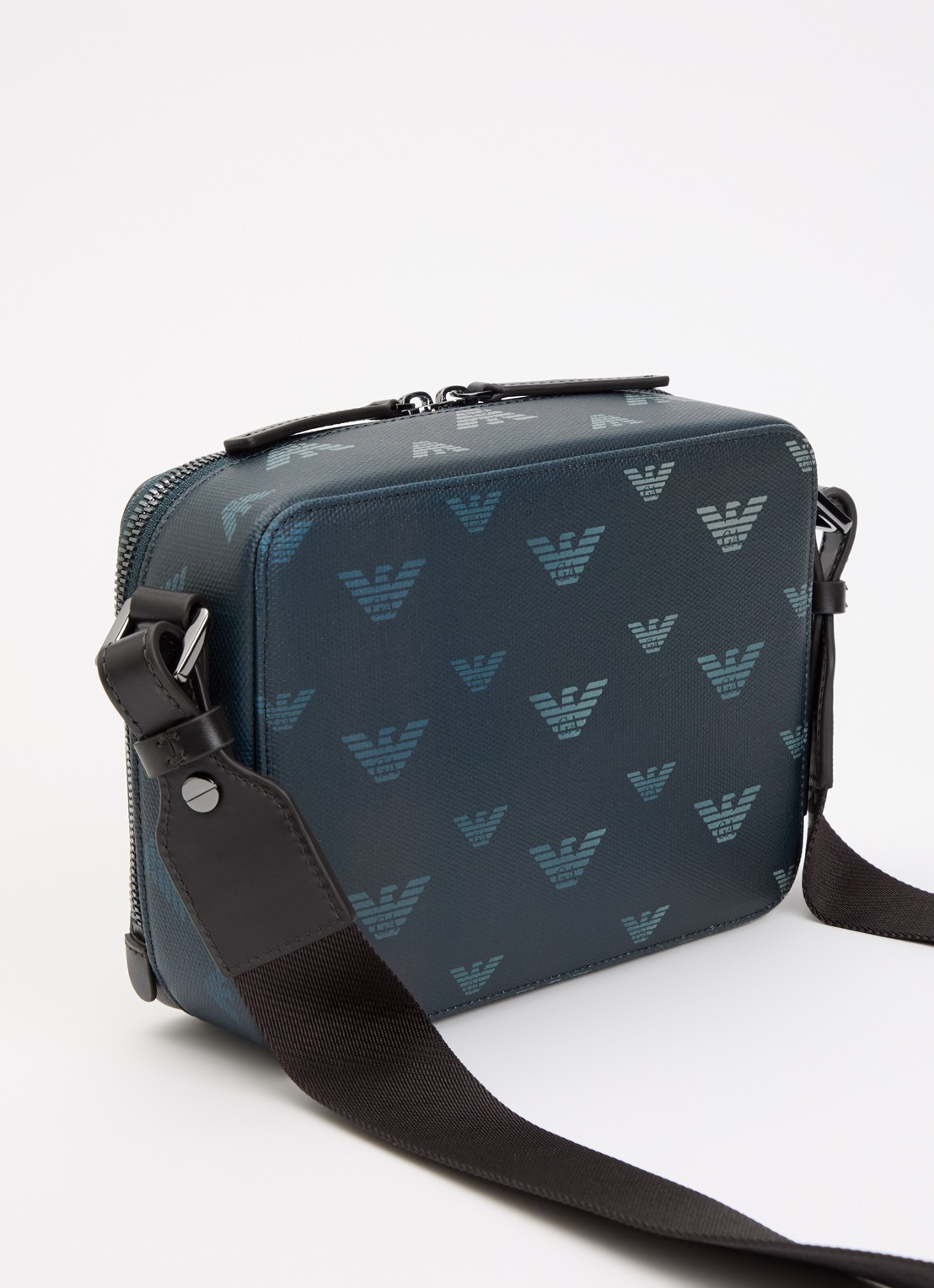 Armani Mini all-over eagle schoudertas van canvas met logo  - achterkant 5 donkerblauw