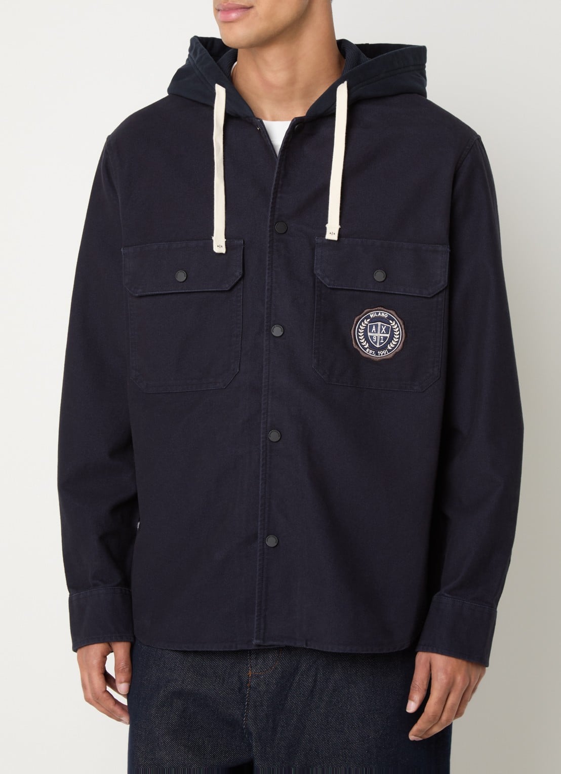 Armani Overshirt met logo en capuchon - detail donkerblauw