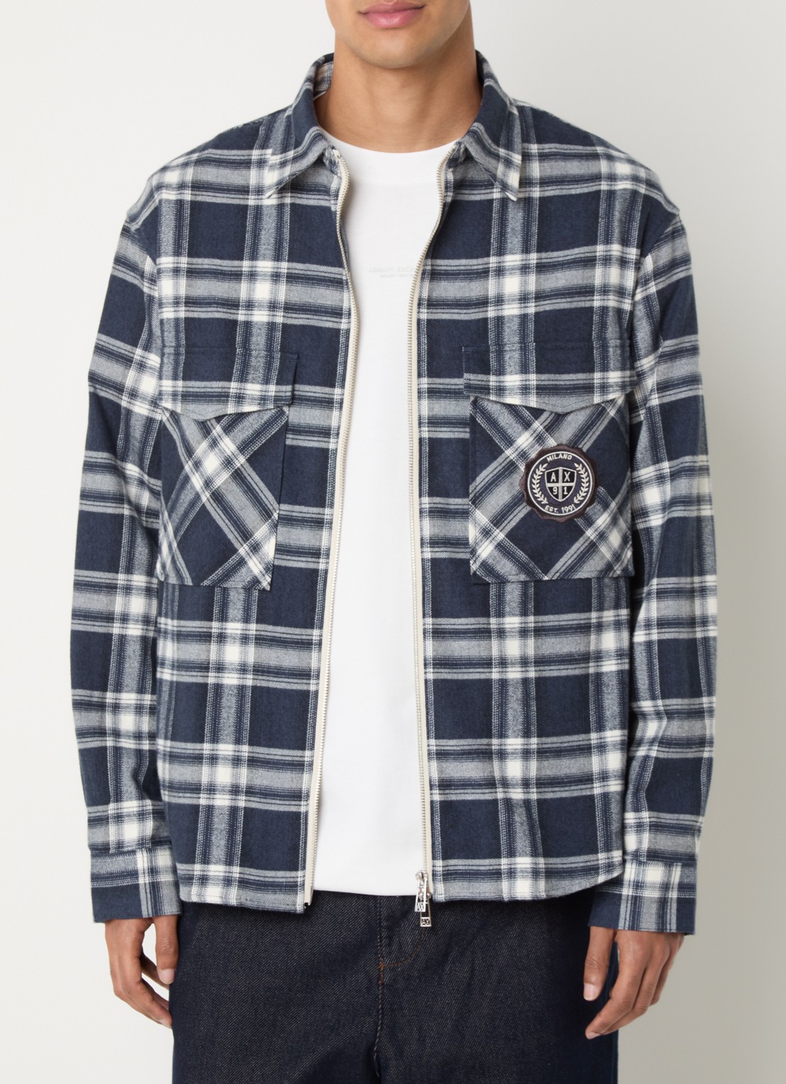 Armani Overshirt met logo en ruitdessin - detail indigo