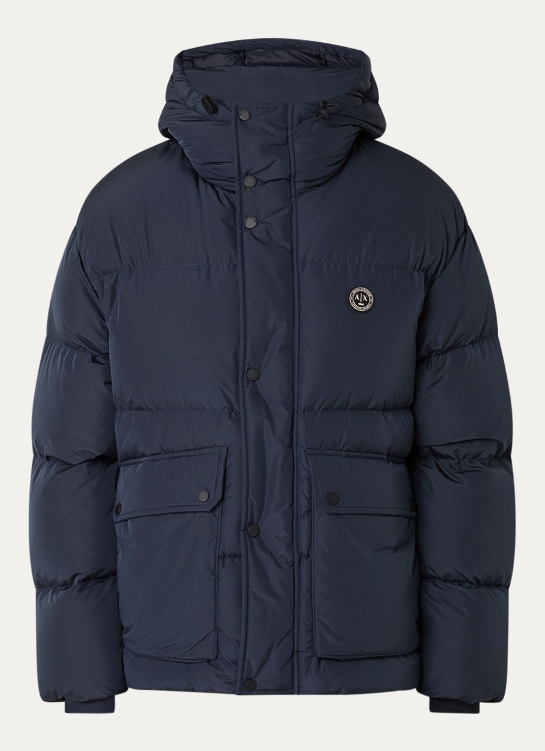 Armani Puffer jack met capuchon en donsvulling - voorkant donkerblauw
