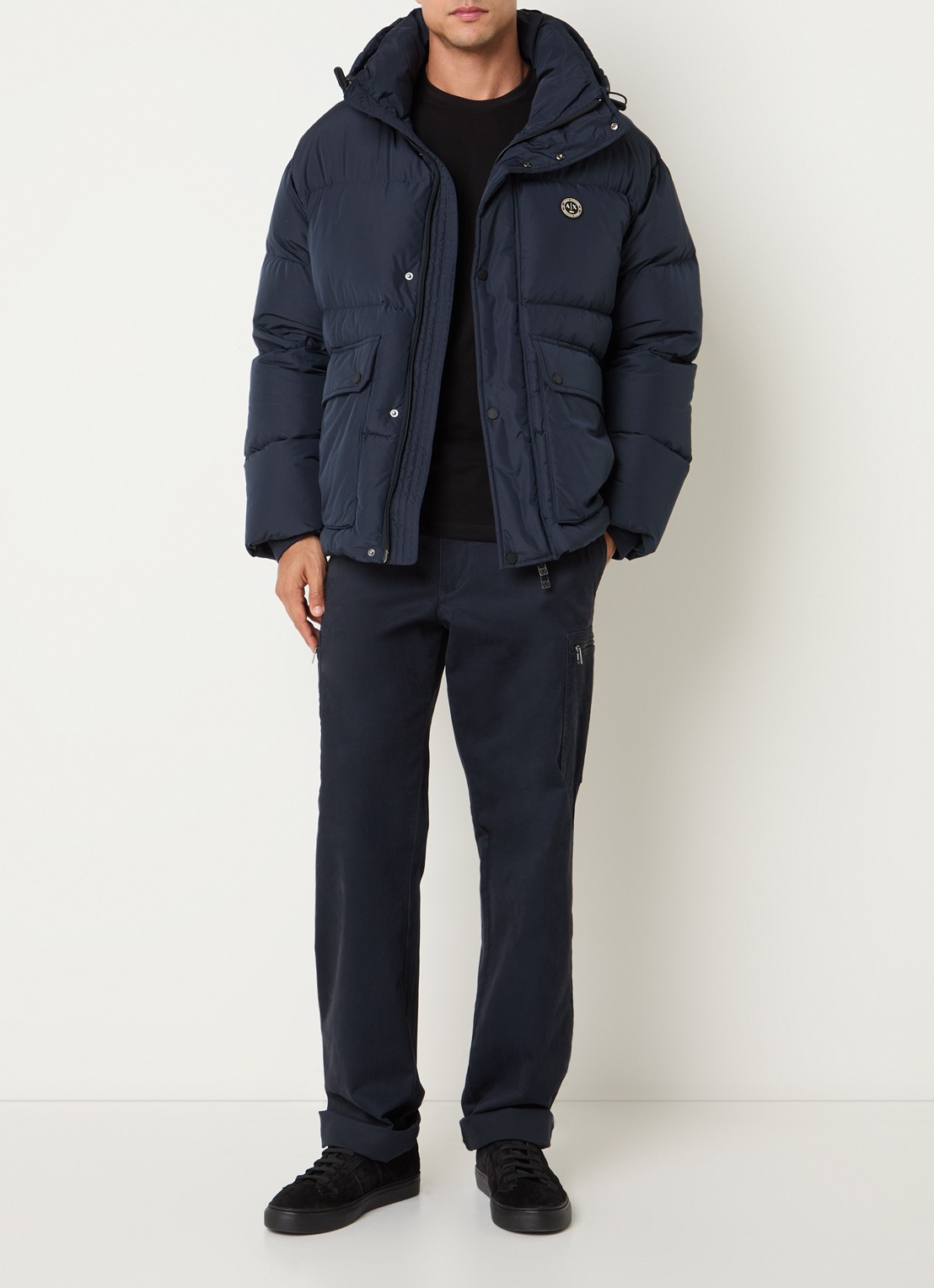 Armani Puffer jack met capuchon en donsvulling - voorkant 2 donkerblauw