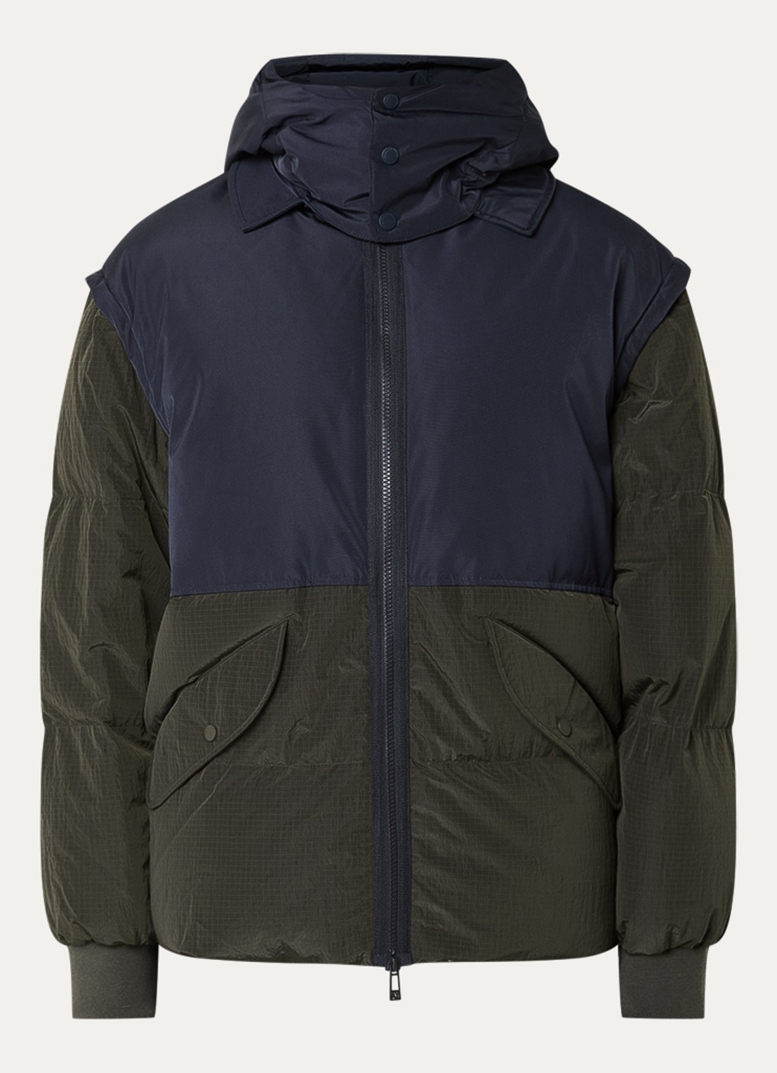 Armani Puffer jack met donsvulling en afneembare mouwen - voorkant 3 bronsgroen