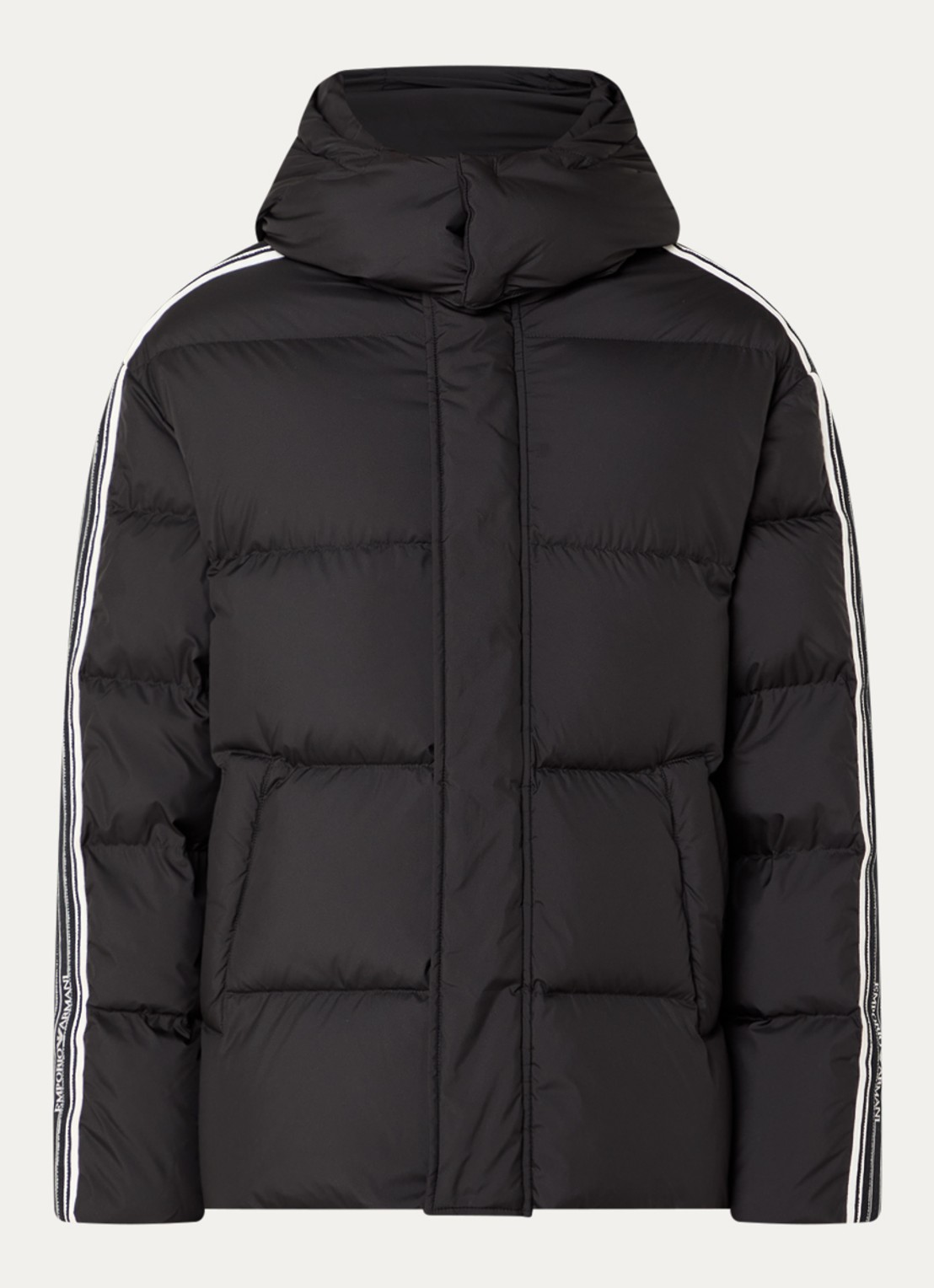 Armani Puffer jack met donsvulling en capuchon - voorkant zwart