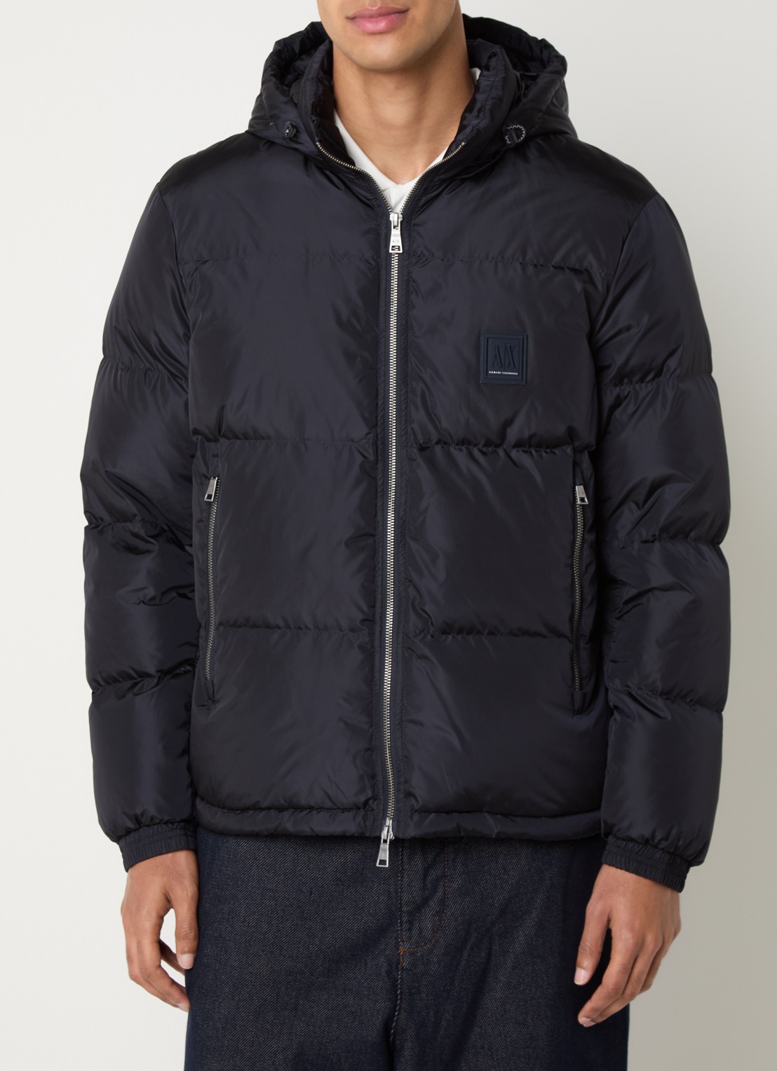 Armani Puffer jack met ritszakken en capuchon - detail donkerblauw
