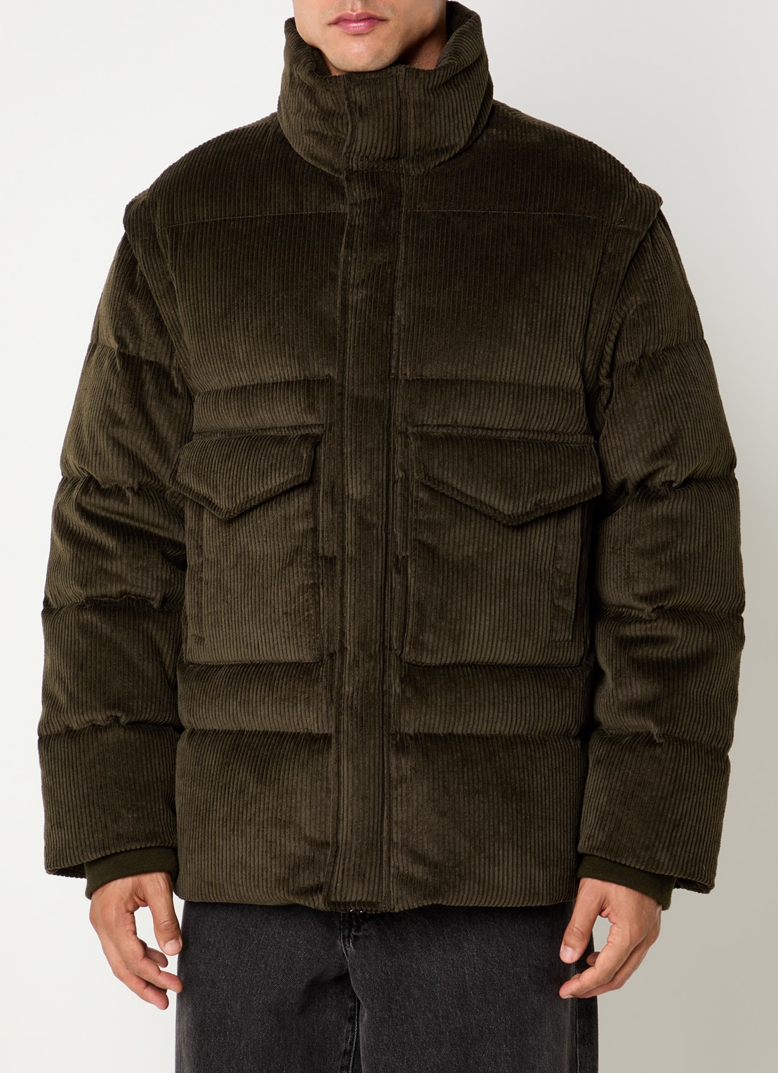 Armani Puffer jack van corduroy met afneembare mouwen - detail bronsgroen