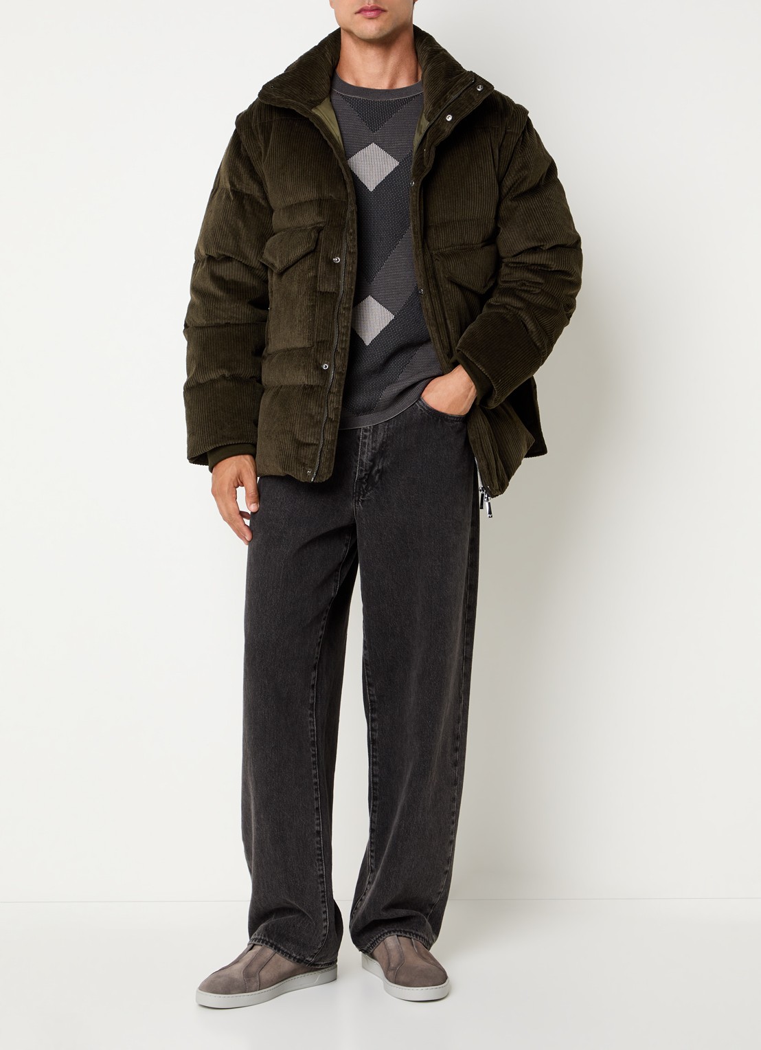Armani Puffer jack van corduroy met afneembare mouwen - voorkant 5 bronsgroen