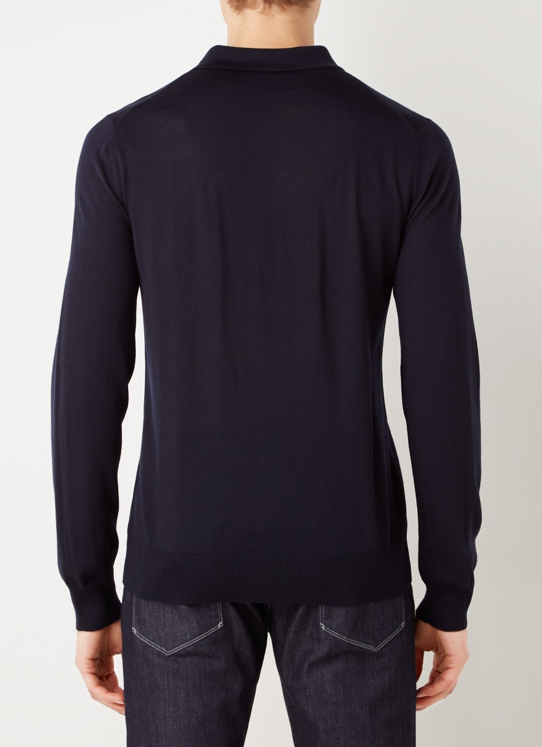 Armani Regular fit fijngebreide polo van scheerwol - achterkant 3 donkerblauw