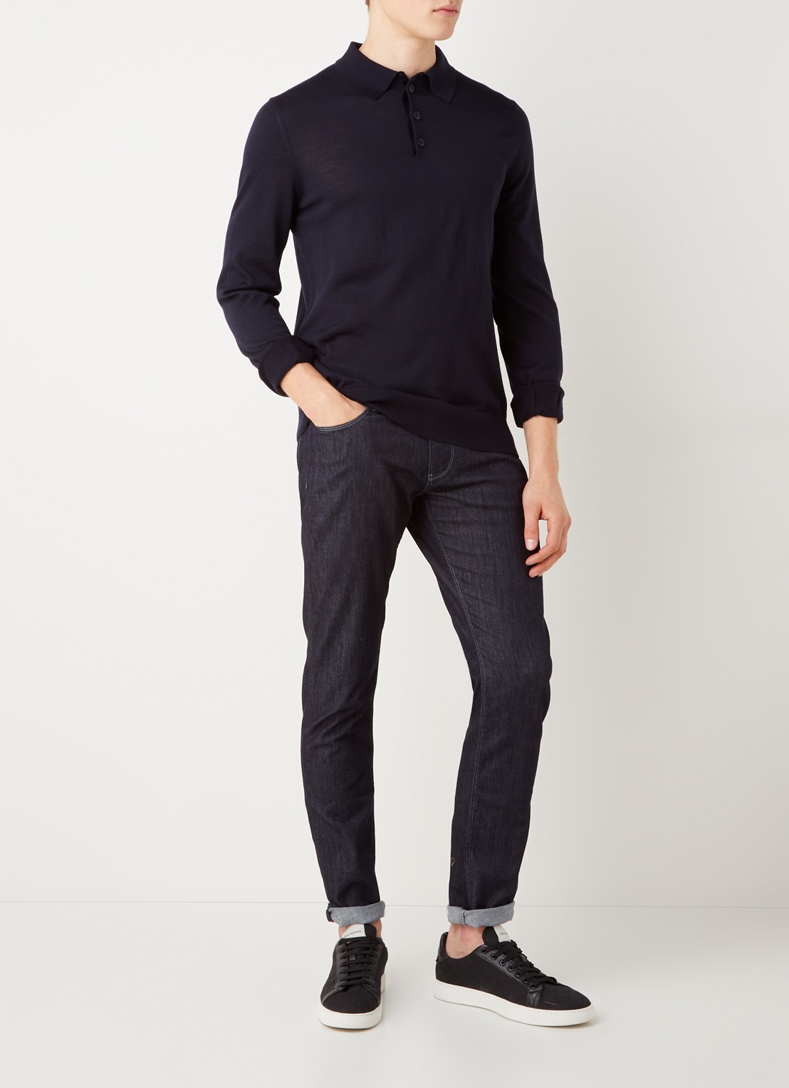 Armani Regular fit fijngebreide polo van scheerwol - voorkant 2 donkerblauw