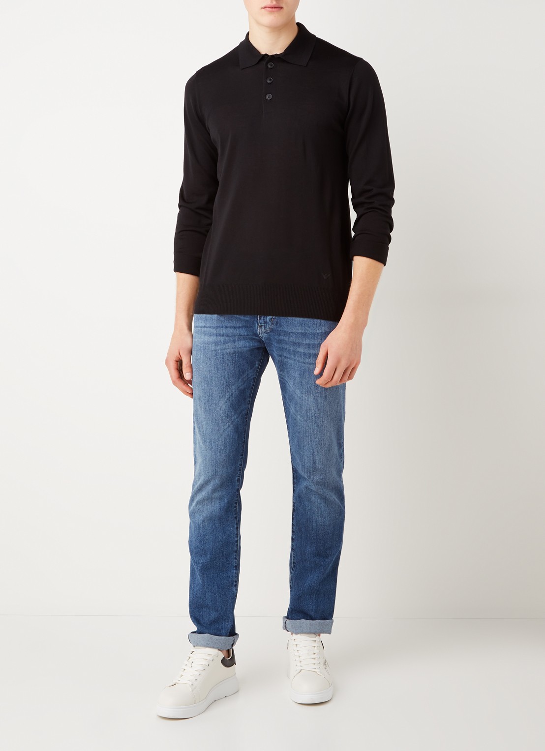 Armani Regular fit fijngebreide polo van scheerwol - voorkant 4 zwart