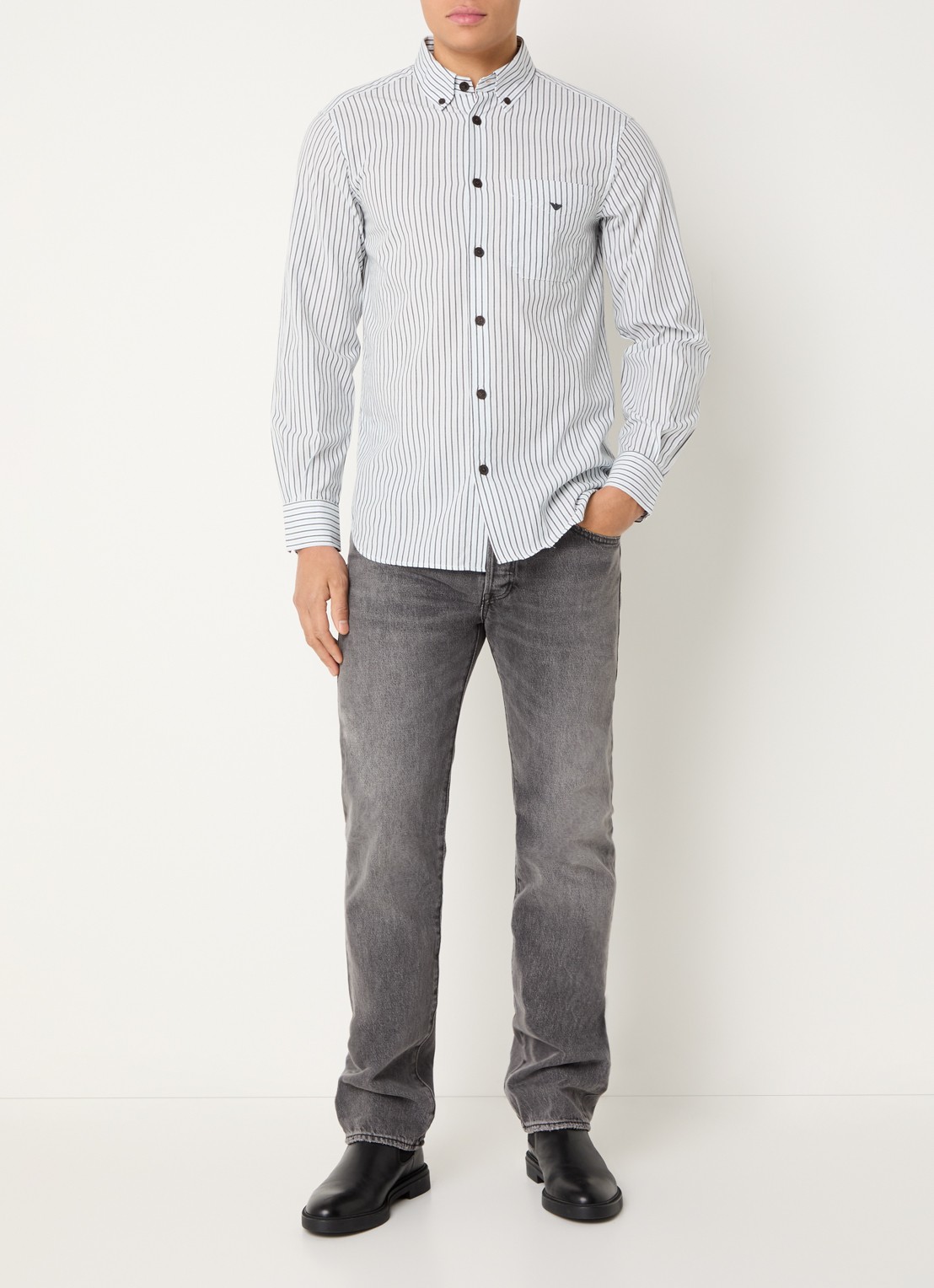 Armani Regular fit overhemd met streepprint en logo - voorkant 2 lichtblauw