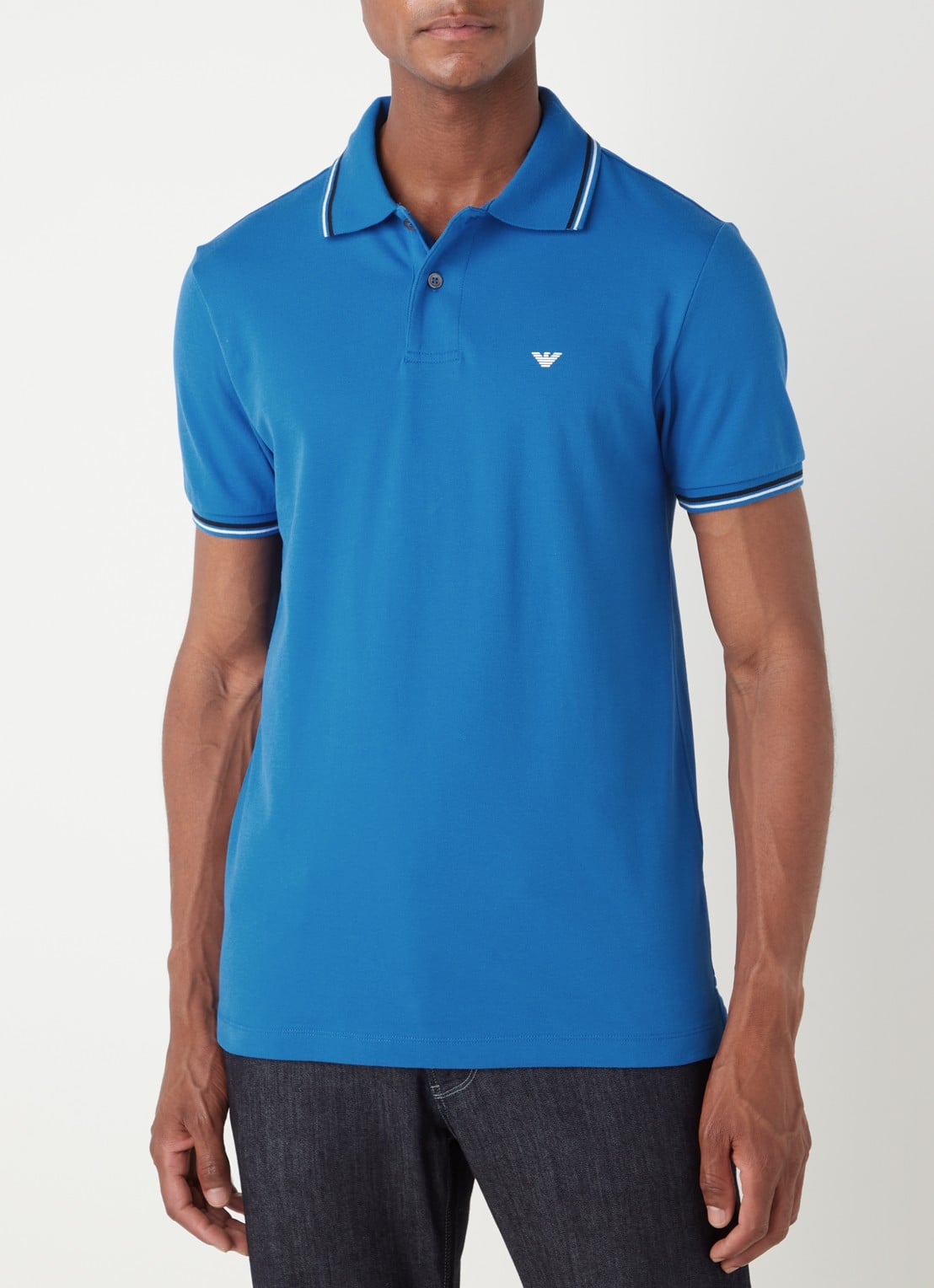 Armani Regular fit polo van piqué katoen met getipte boorden - detail 4 kobaltblauw