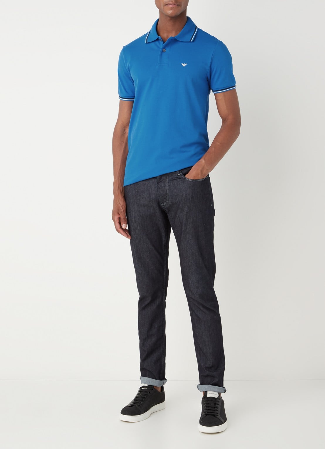 Armani Regular fit polo van piqué katoen met getipte boorden - voorkant 3 kobaltblauw