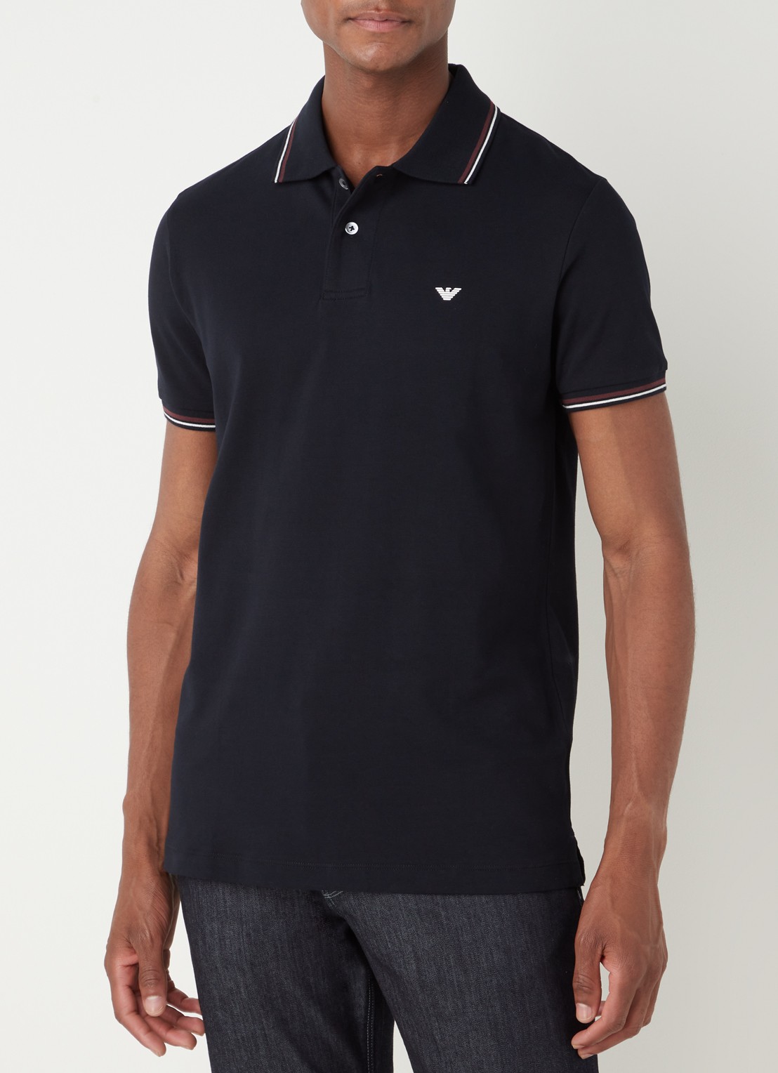 Armani Regular fit polo van piqué katoen met getipte boorden - detail 2 donkerblauw
