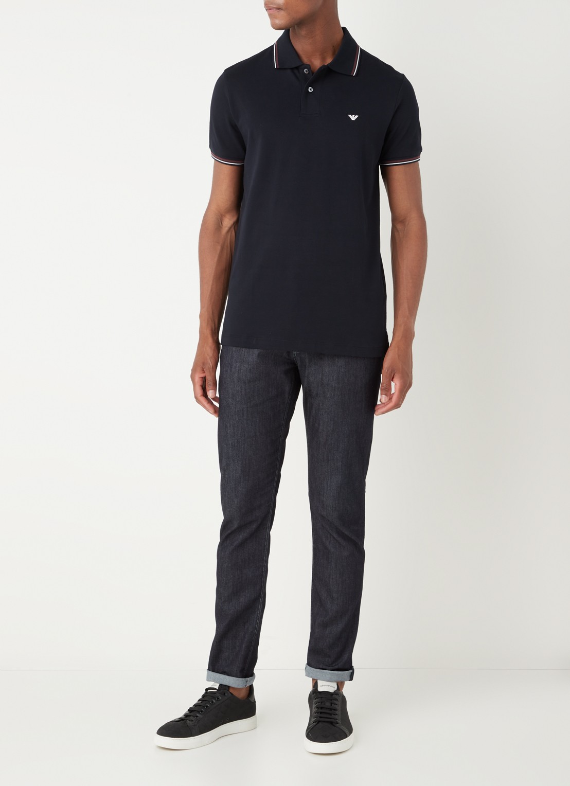 Armani Regular fit polo van piqué katoen met getipte boorden - voorkant 4 donkerblauw