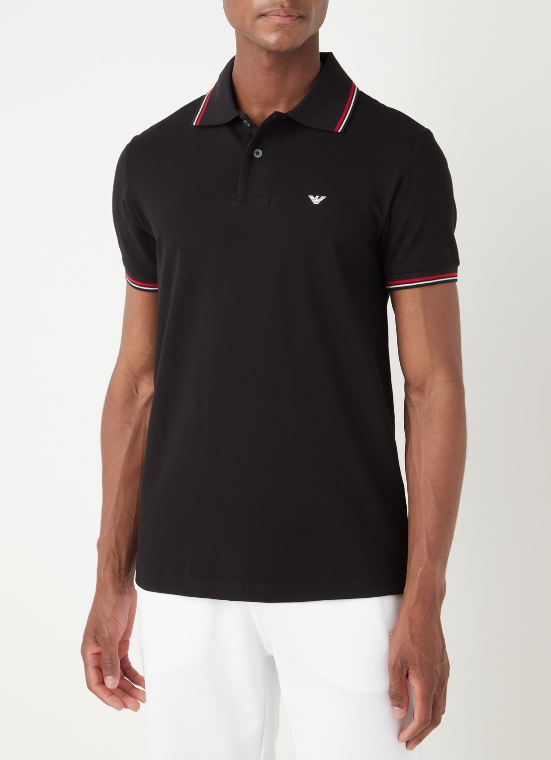 Armani Regular fit polo van piqué katoen met getipte boorden - detail zwart