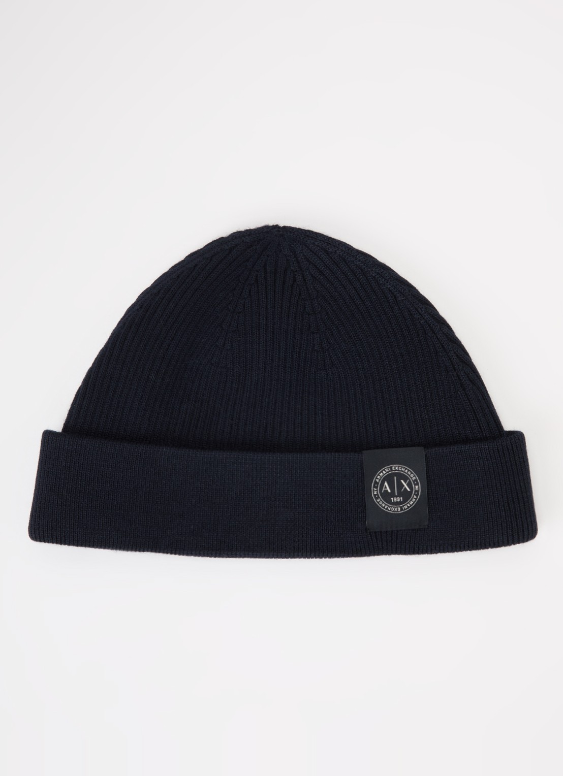 Armani Ribgebreide muts in wolblend met logo - voorkant donkerblauw