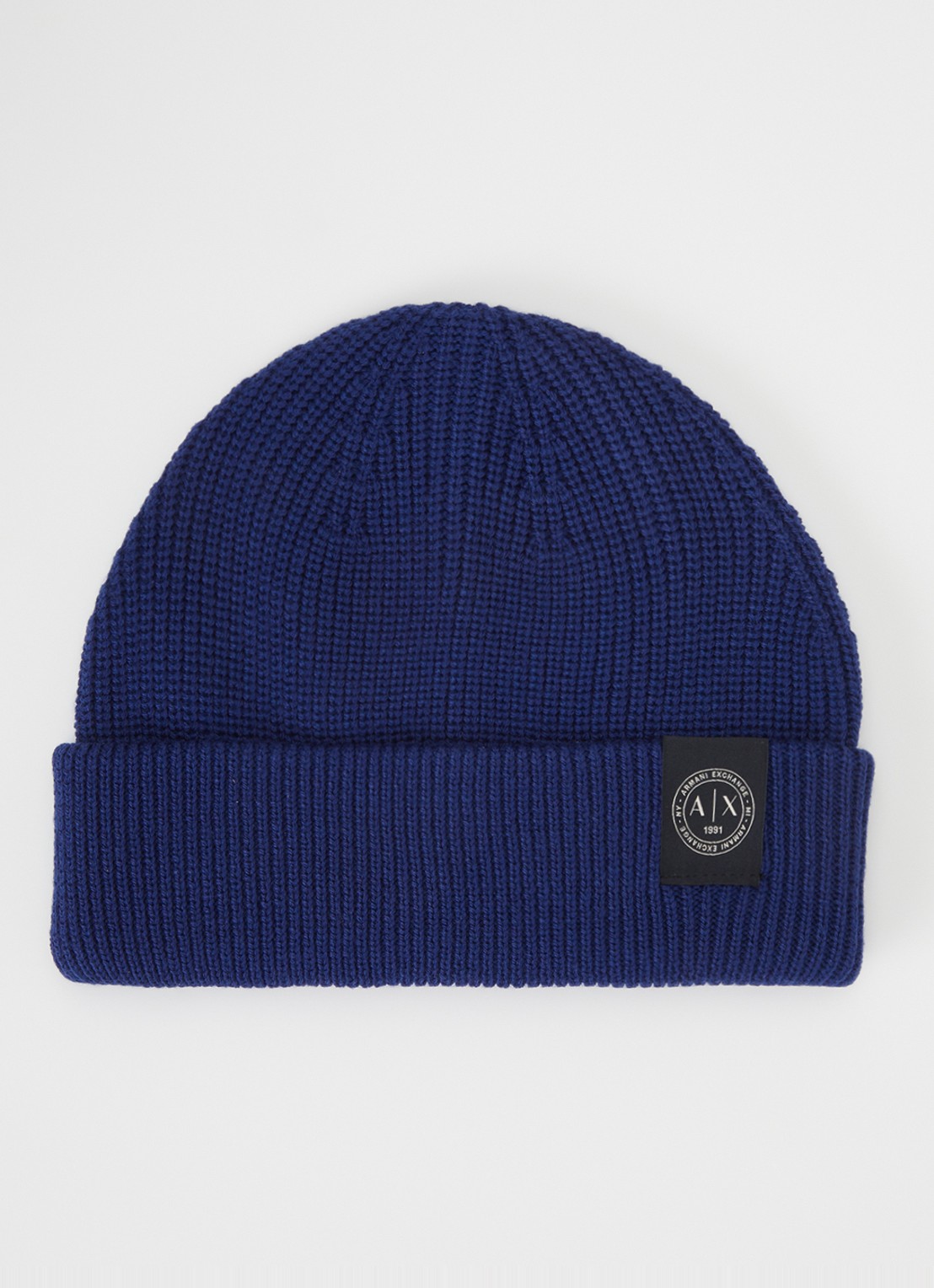 Armani Ribgebreide muts in wolblend met logo - voorkant donkerblauw
