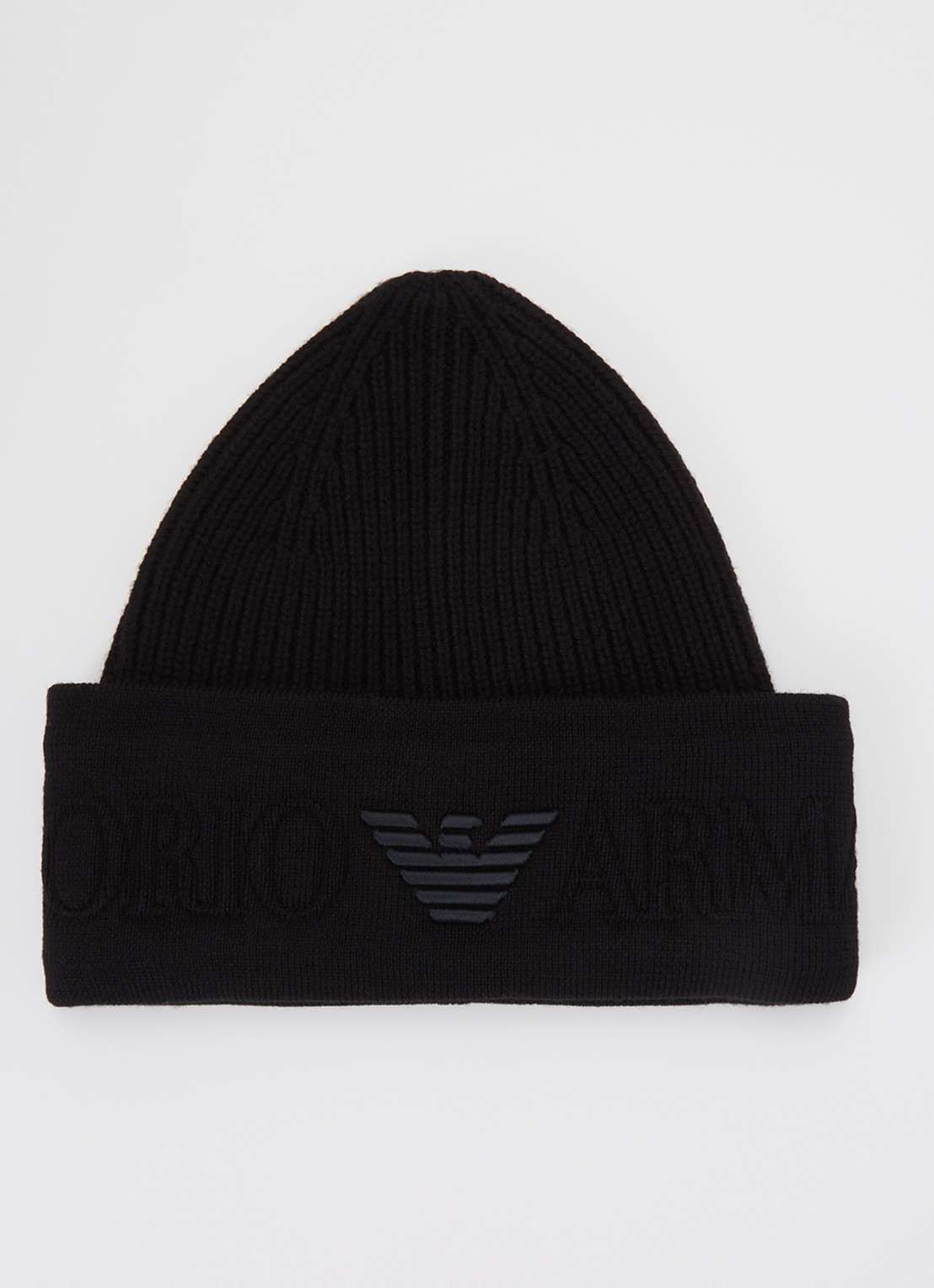 Armani Ribgebreide muts van wol met logo - voorkant zwart