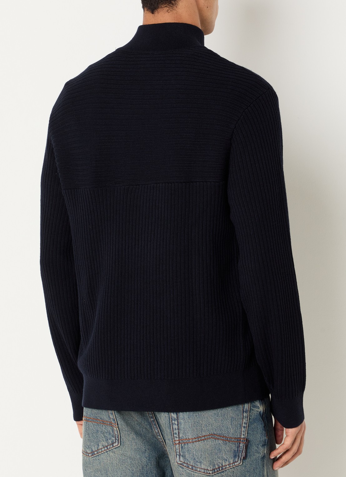 Armani Ribgebreide pullover in scheerwolblend met halve rits - achterkant 3 donkerblauw