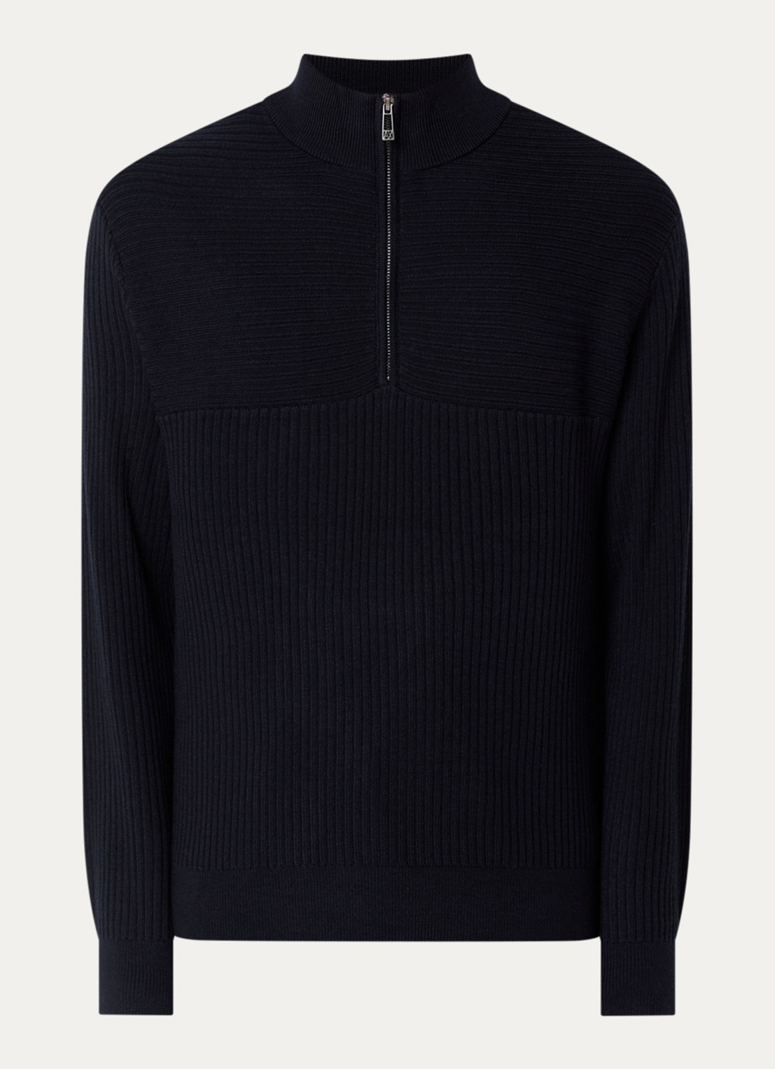 Armani Ribgebreide pullover in scheerwolblend met halve rits - voorkant donkerblauw