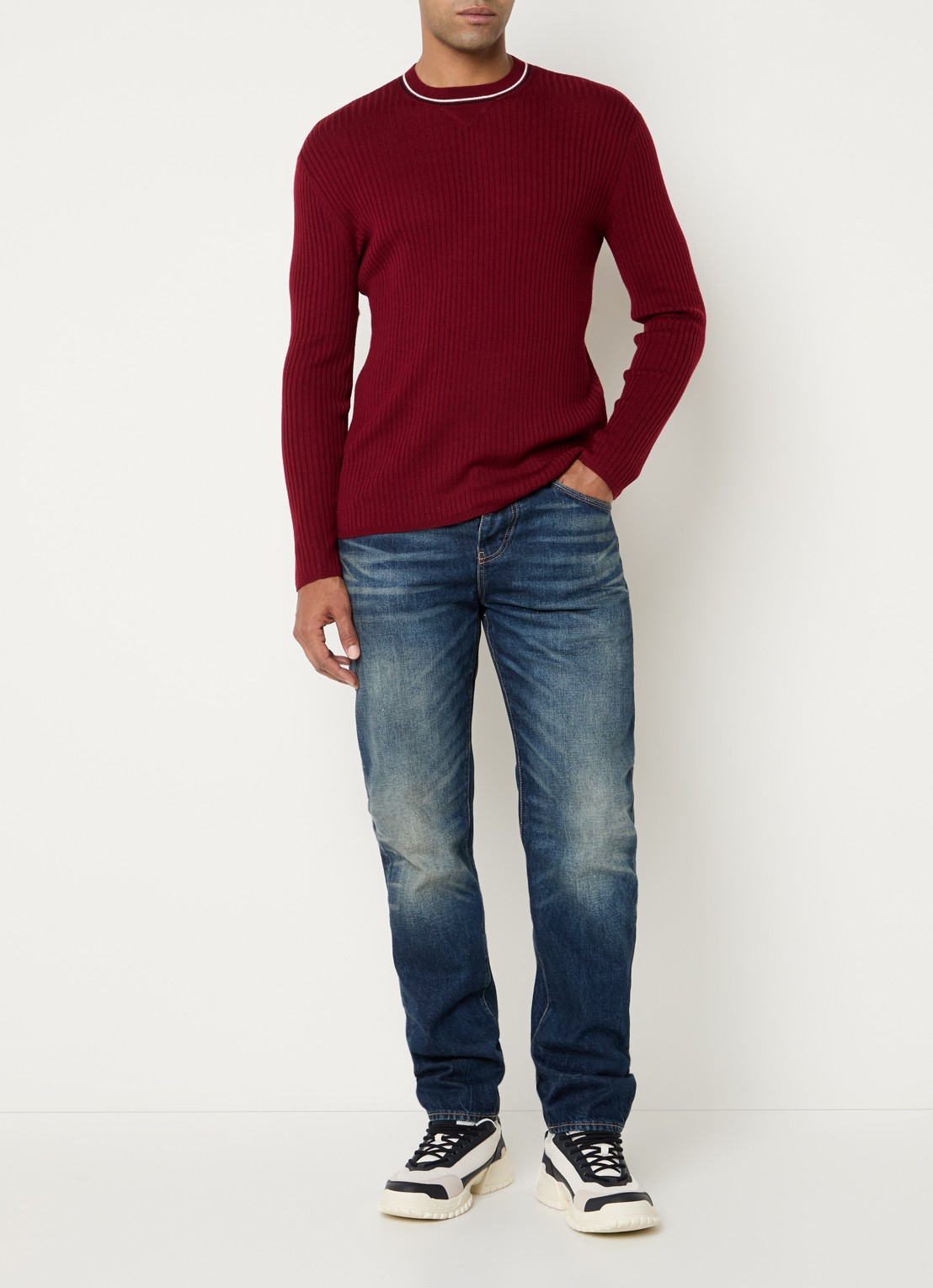 Armani Ribgebreide pullover in scheerwolblend - voorkant 4 donkerrood