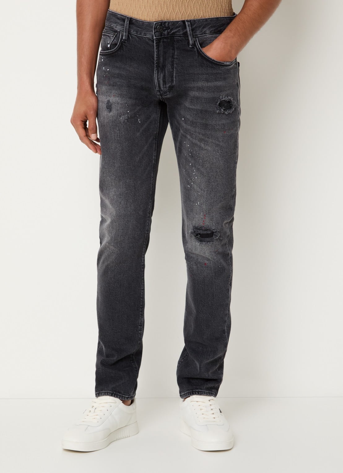 Armani Slim fit jeans met destroyed afwerking - detail 4 donkergrijs