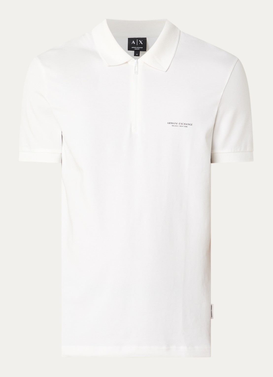 Armani Slim fit polo met 3D logo en halve rits - voorkant gebroken wit