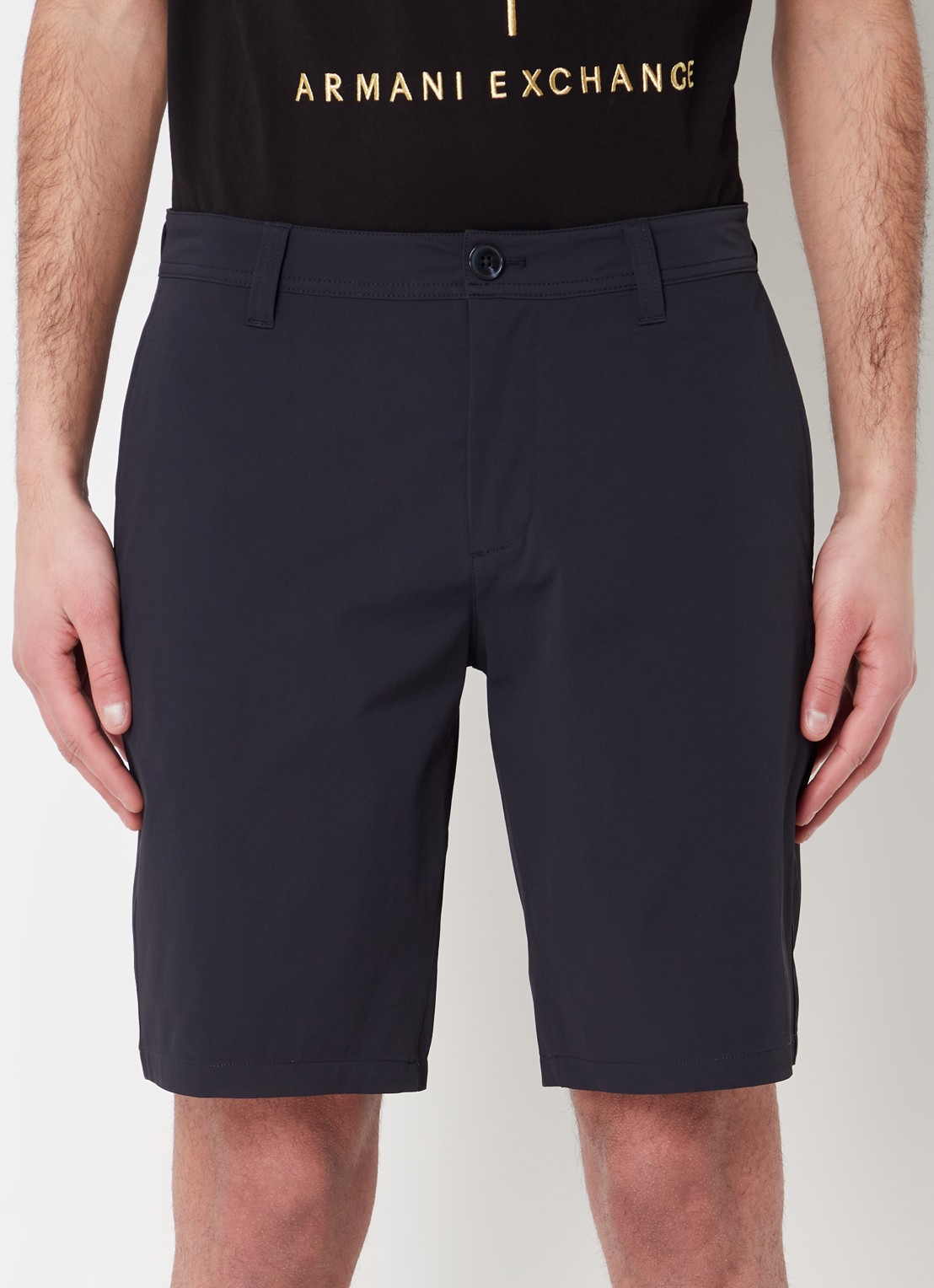 Armani Straight fit korte chino met stretch en steekzakken - detail donkerblauw