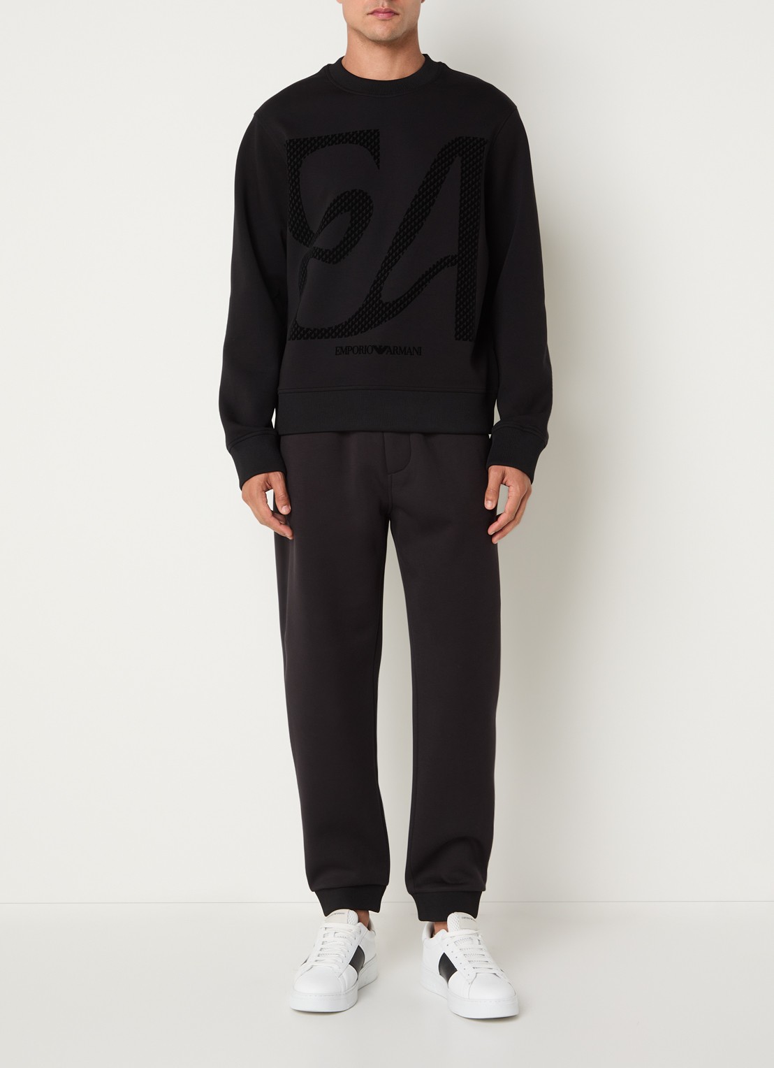 Armani Sweater met flock logoprint - voorkant 2 zwart