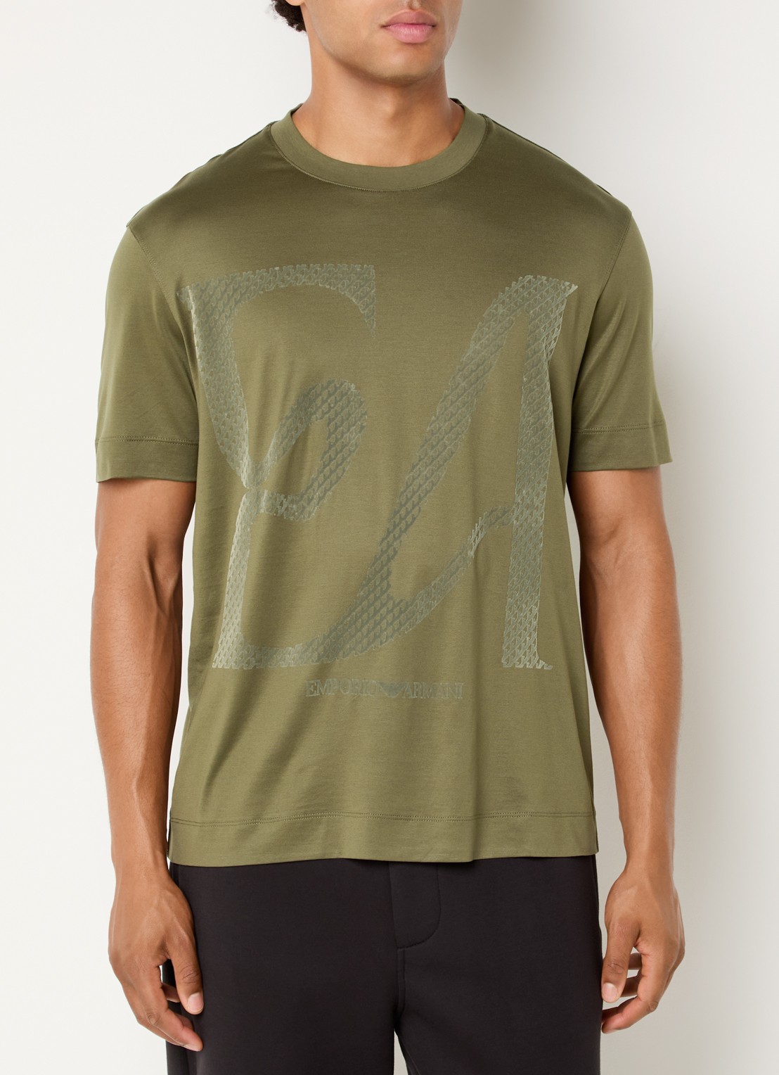Armani T-shirt met flock logoprint - detail bronsgroen