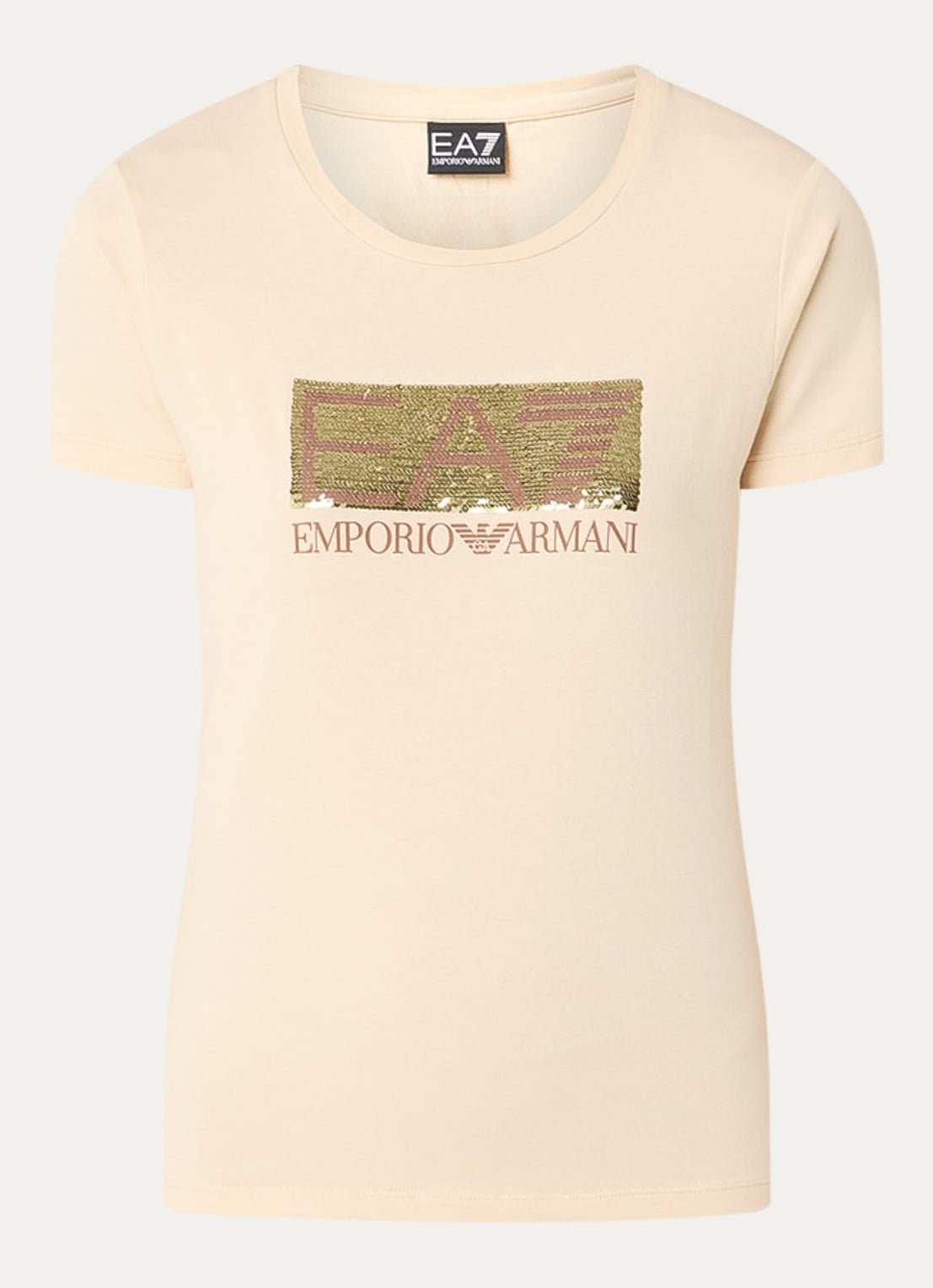 Armani T-shirt met logoprint en pailletten - voorkant beige