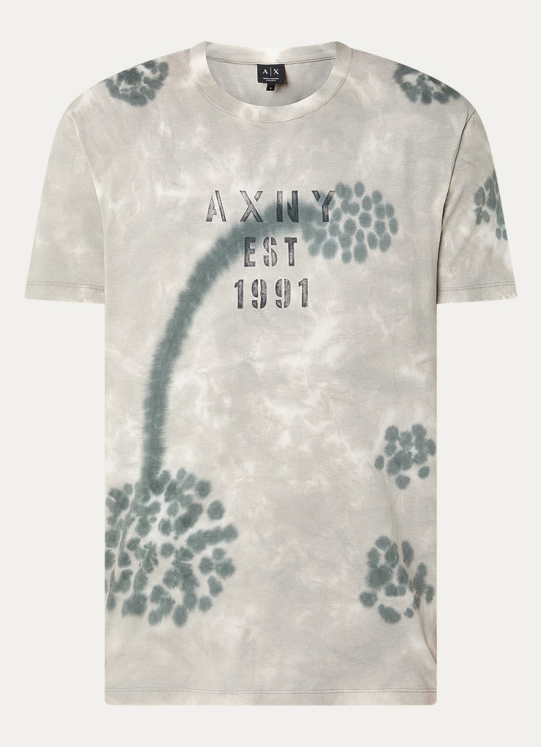 Armani T-shirt met logoprint en tie-dye dessin - voorkant lichtgrijs