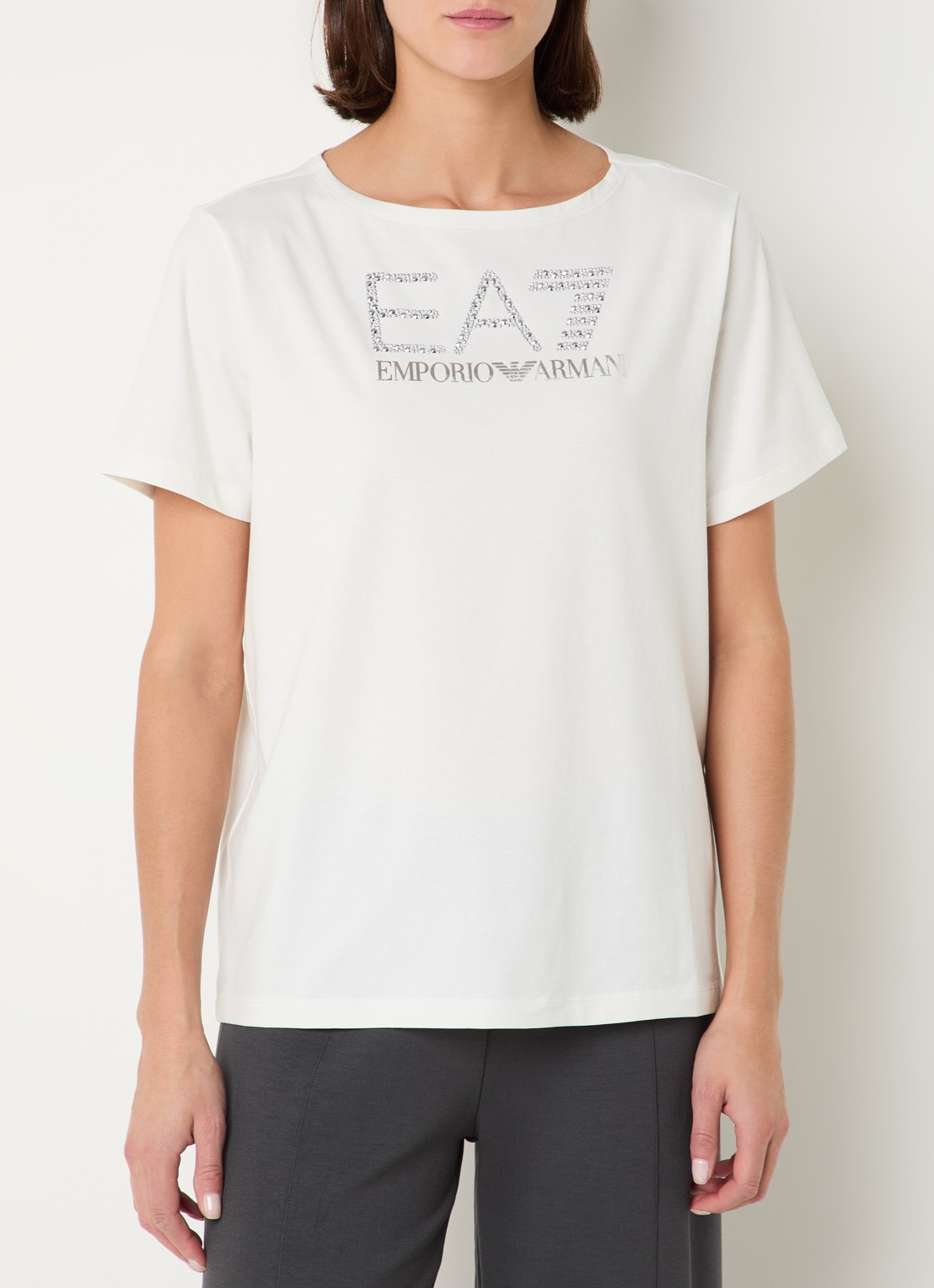 Armani T-shirt met logoprint met strass - detail 4 gebroken wit