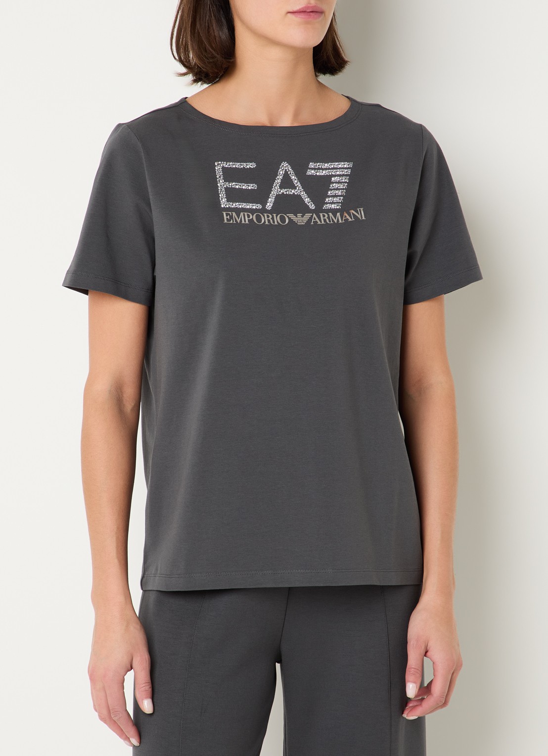 Armani T-shirt met logoprint met strass - detail 3 middengrijs