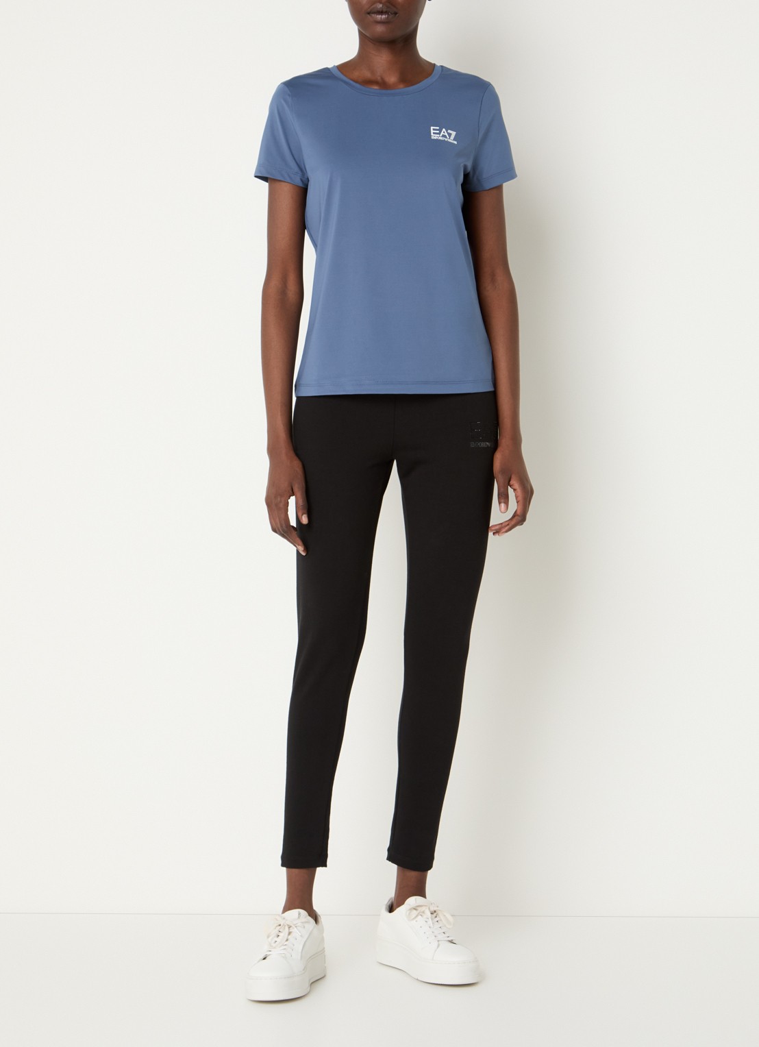Armani Trainings T-shirt met logo en stretch - voorkant 2 staalblauw