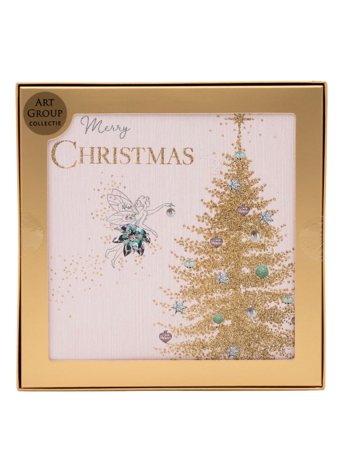 Art Group Fee bij gouden glitter kerstboom kerstkaart - 1 design - set van 8 inclusief enveloppen - voorkant 2 wit