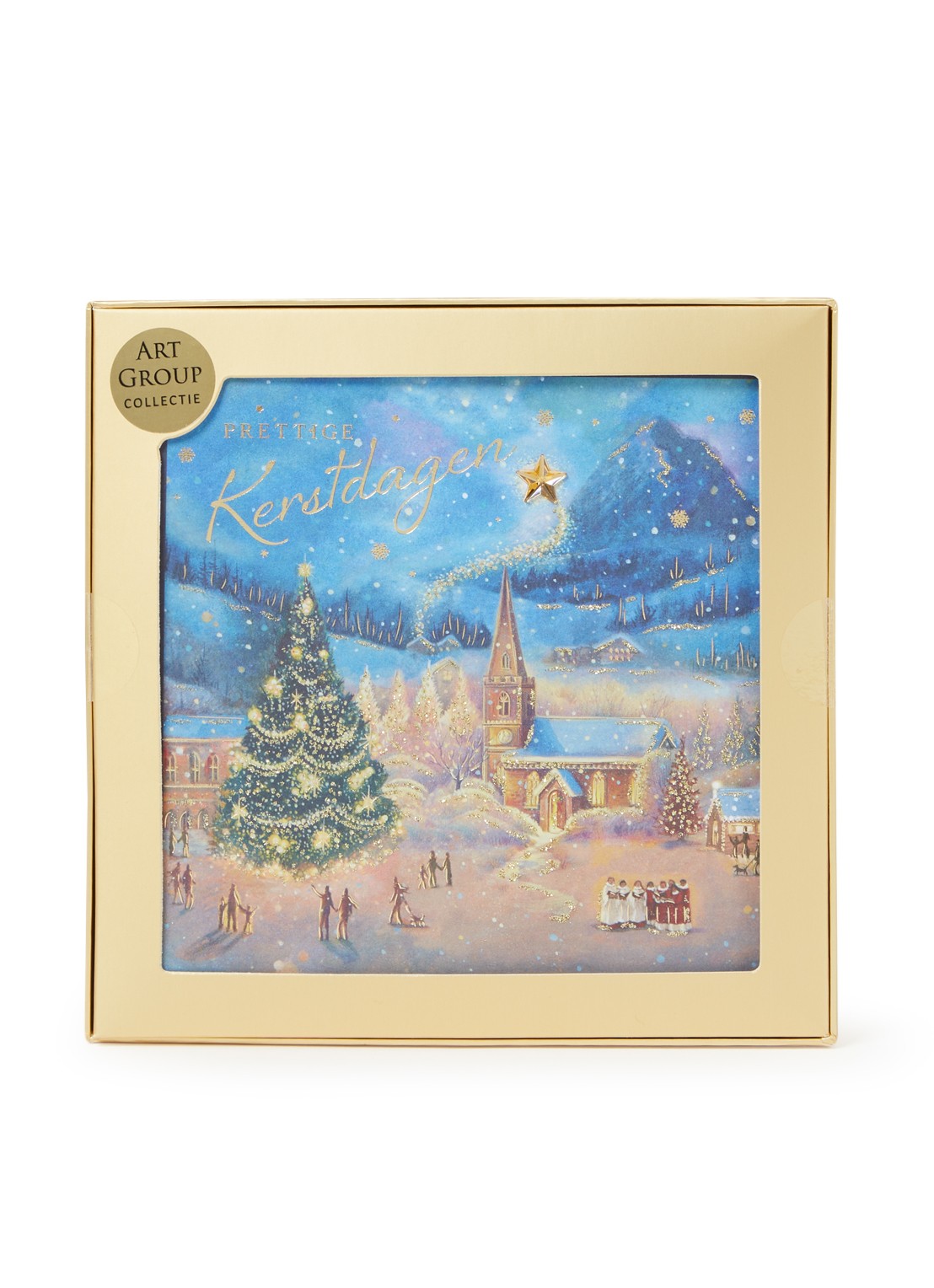 Art Group Kerk in besneeuwd landschap kerstkaart - 1 design - set van 8 inclusief enveloppen - voorkant blauw