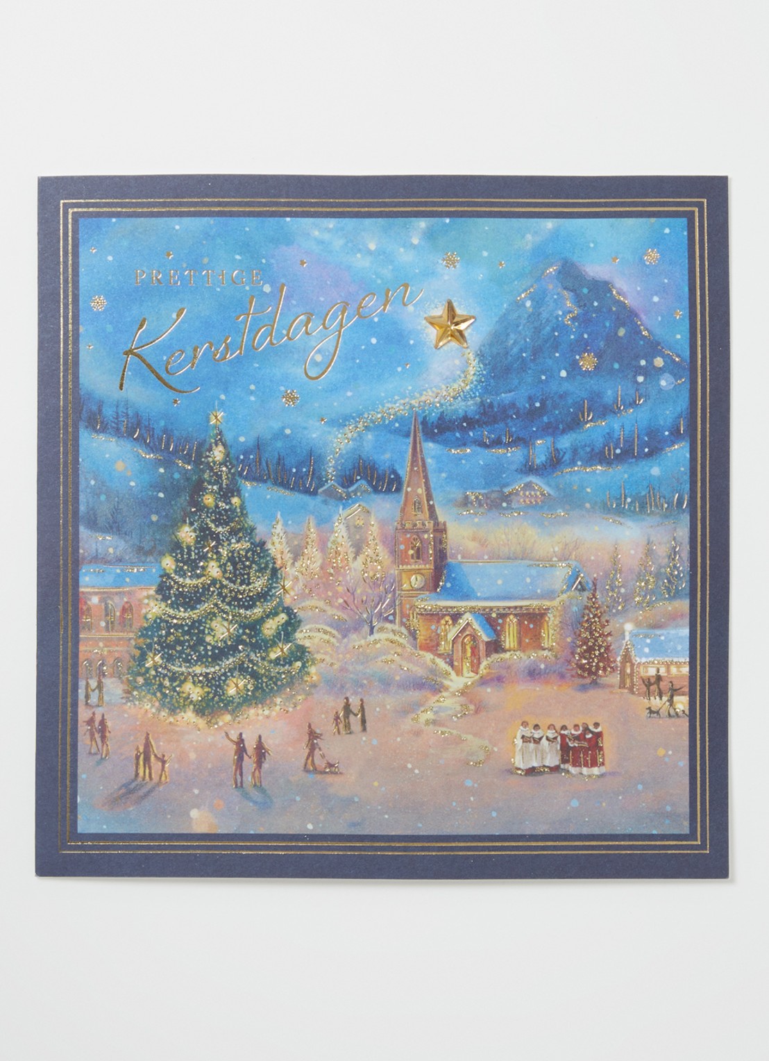 Art Group Kerk in besneeuwd landschap kerstkaart - 1 design - set van 8 inclusief enveloppen - voorkant 2 blauw