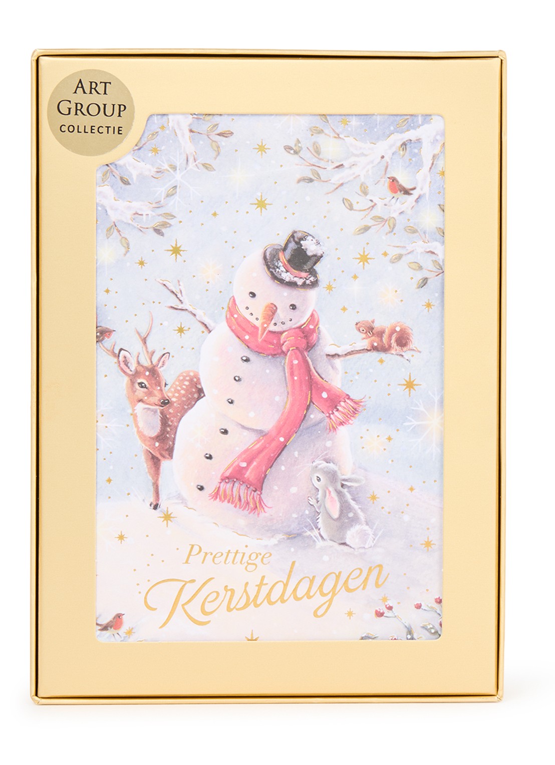 Art Group Sneeuwpop met dieren - 1 design - luxe kerstkaart met envelop - set van 8 - voorkant multicolor