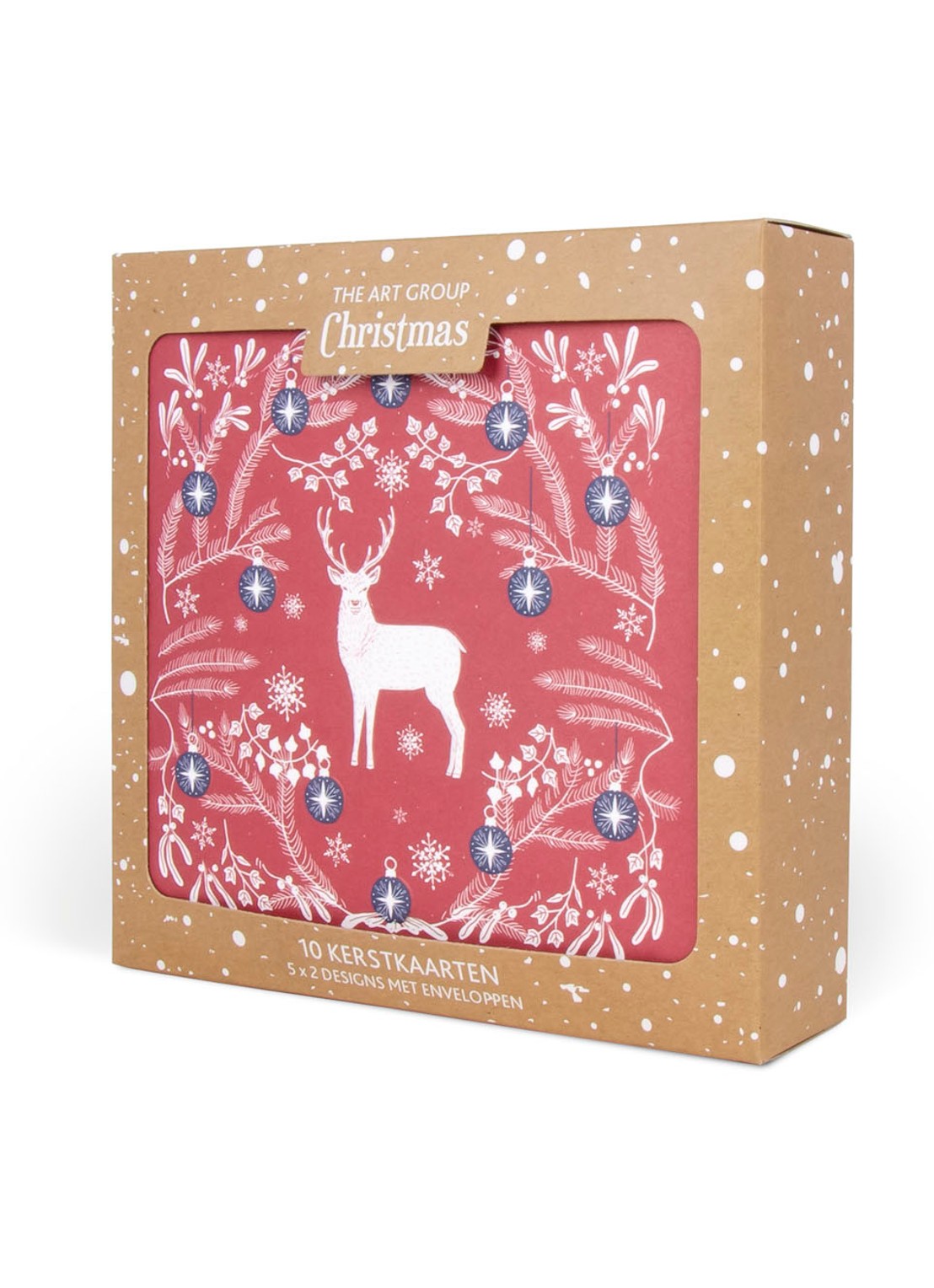 Art Group Square Hert/Duif in kersttakken - 2 designs - Kerstkaart met envelop set van 10 - detail steenrood