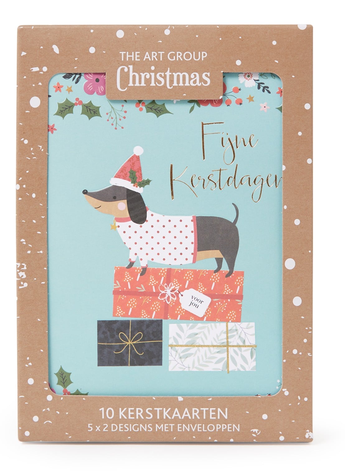 Art Group Teckel - 2 designs - kerstkaart met envelop - set van 10 - voorkant blauw