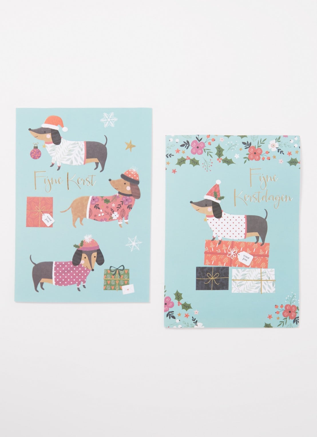 Art Group Teckel - 2 designs - kerstkaart met envelop - set van 10 - voorkant 2 blauw