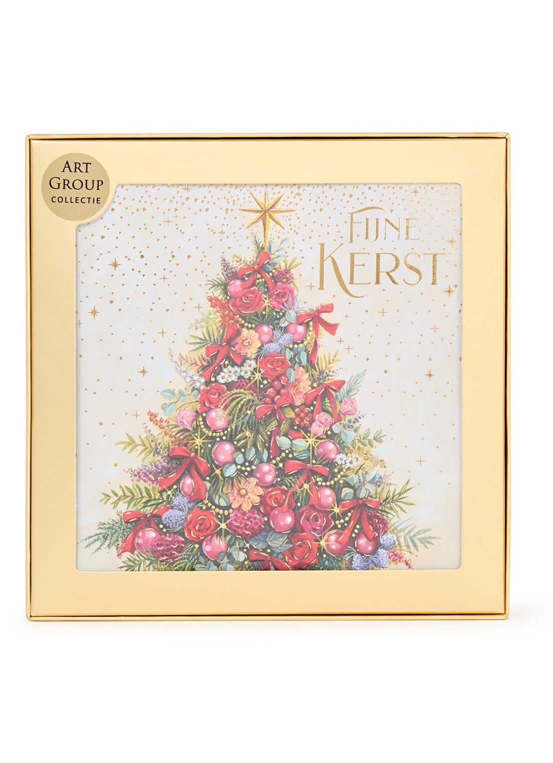 Art Group Versierde kerstboom - 1 design - luxe kerstkaart met envelop - set van 8 - voorkant rood