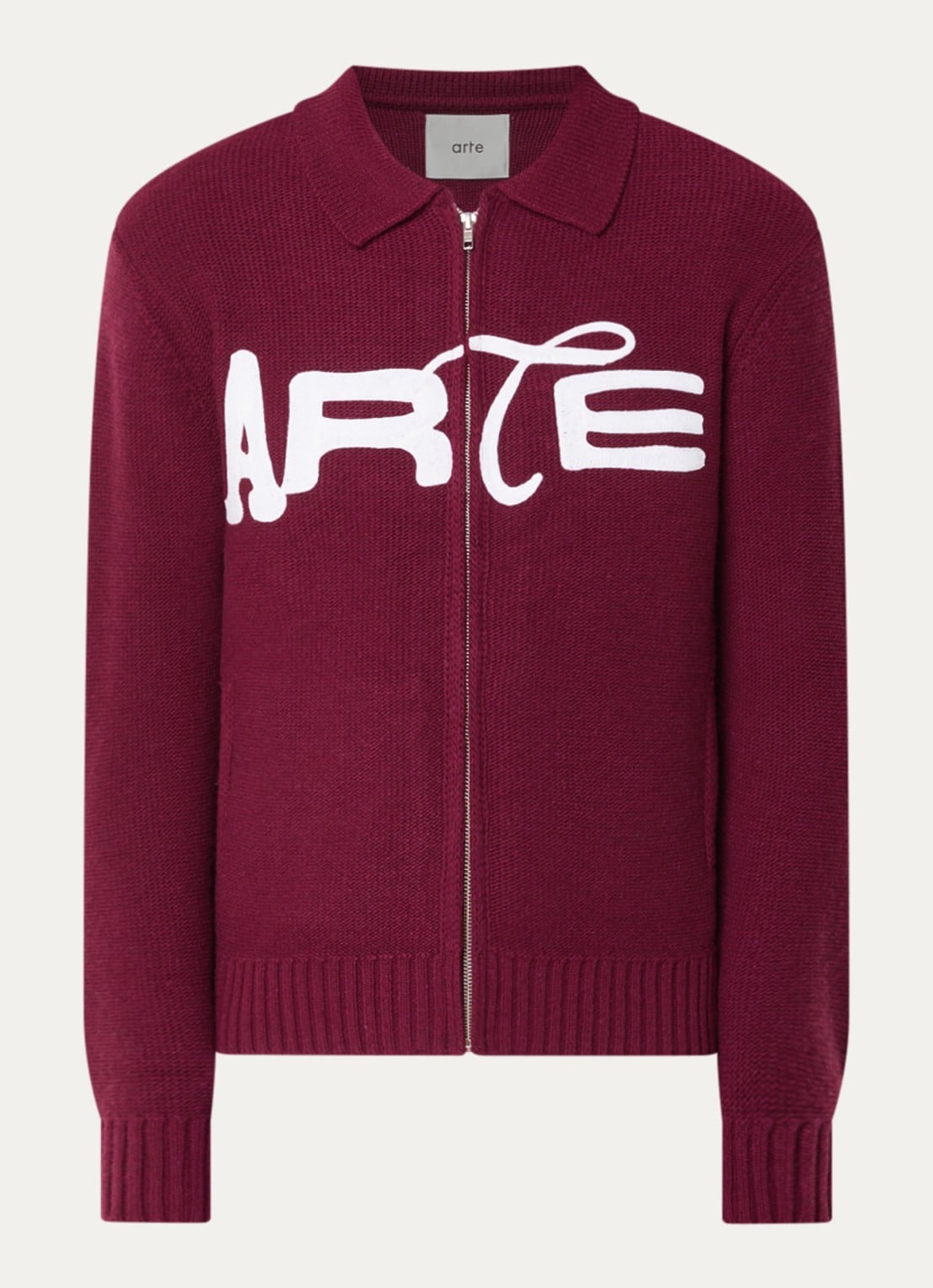 Arte Antwerp Energy grofgebreid vest met logoborduring - voorkant 3 bordeauxrood